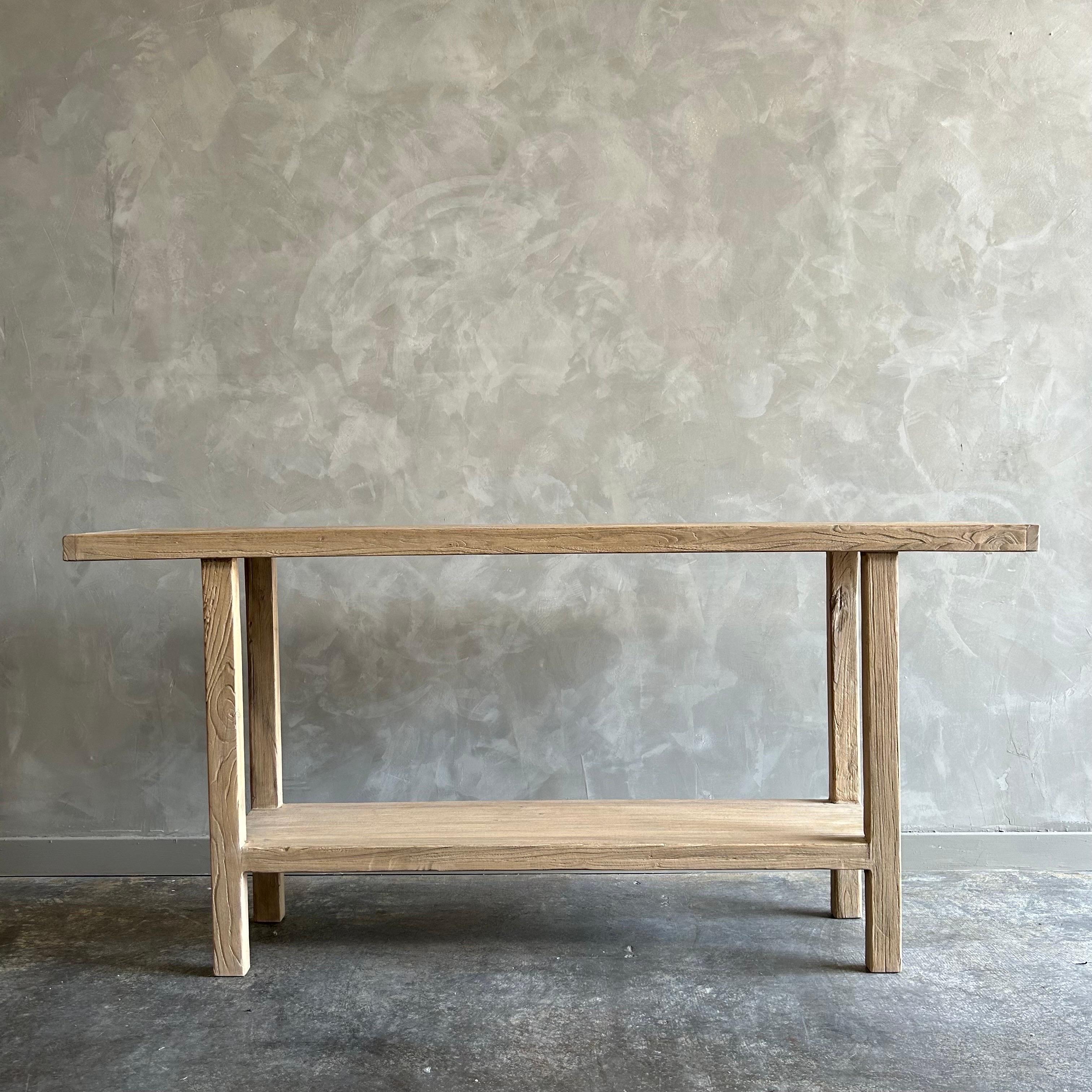 Bloom Home inc has over 2000 items in stock ready for immediate shipping, scroll down to view all of our items!
Elm console 71”w x 14”d x 33.5”h
One of a kind custom made Elm Wood Console Table Made from Vintage reclaimed elm wood. Beautiful antique