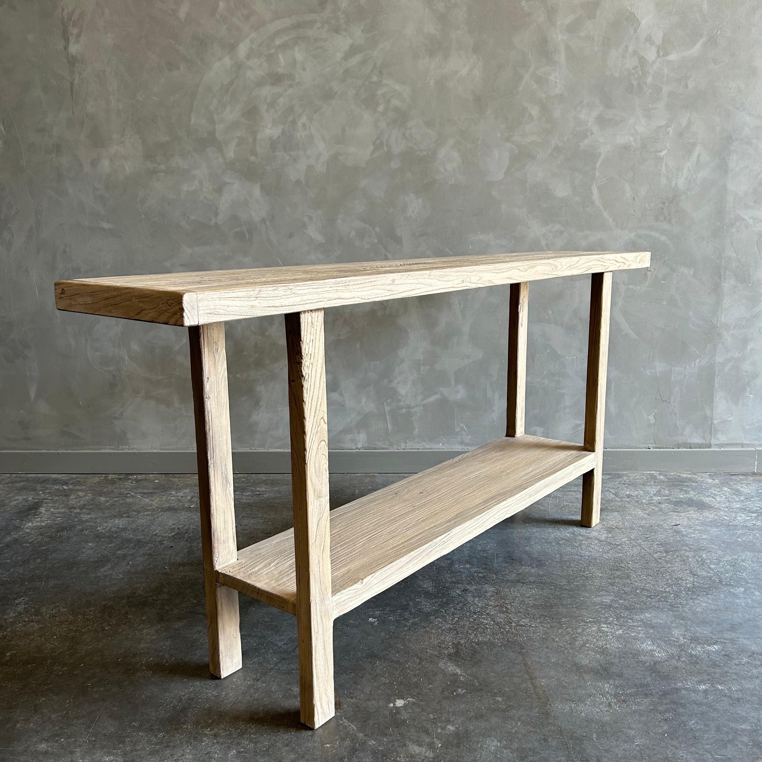 Organic Modern Custom Reclaimed Elm Wood Console Table with Shelf For Sale