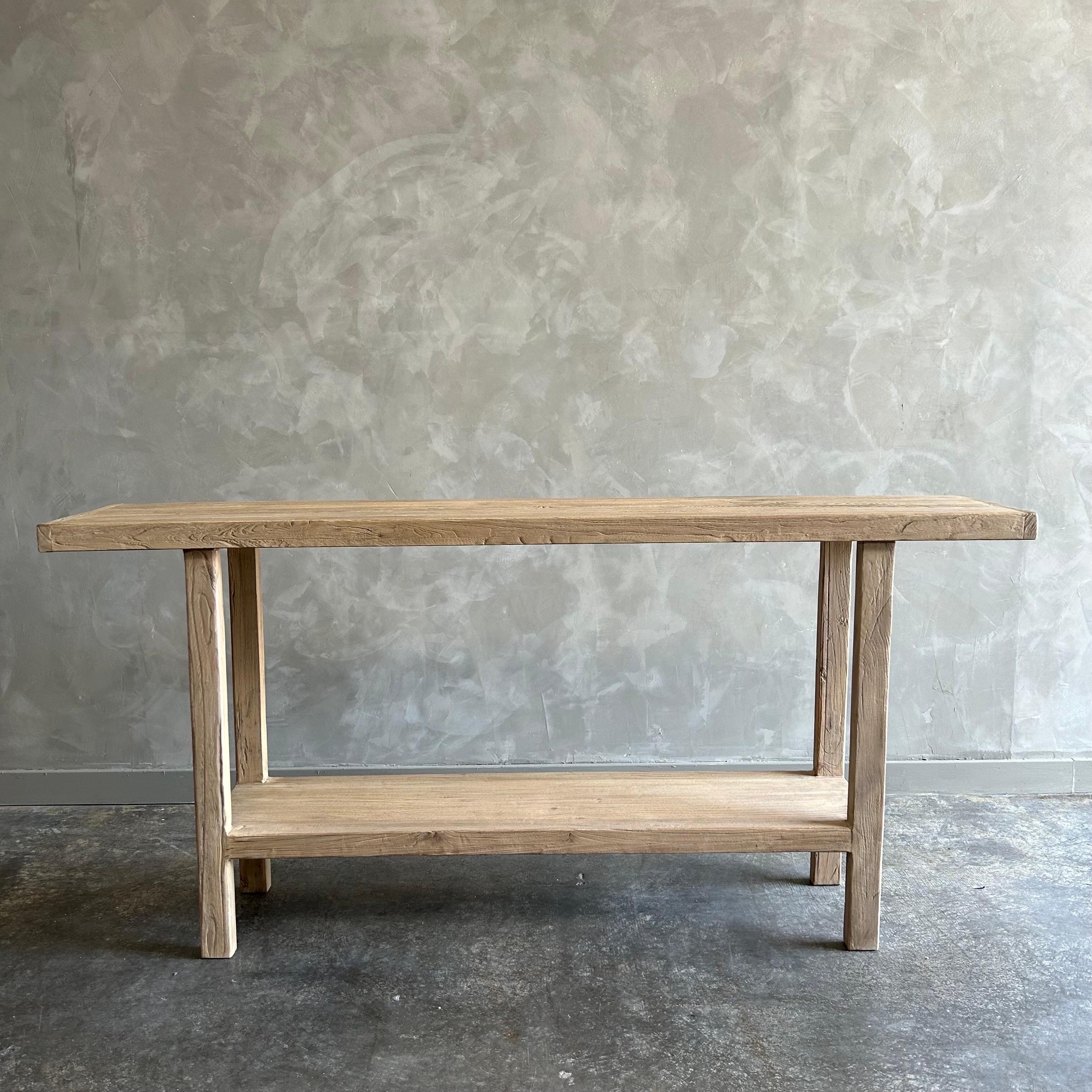 Custom Reclaimed Elm Wood Console Table with Shelf For Sale 1