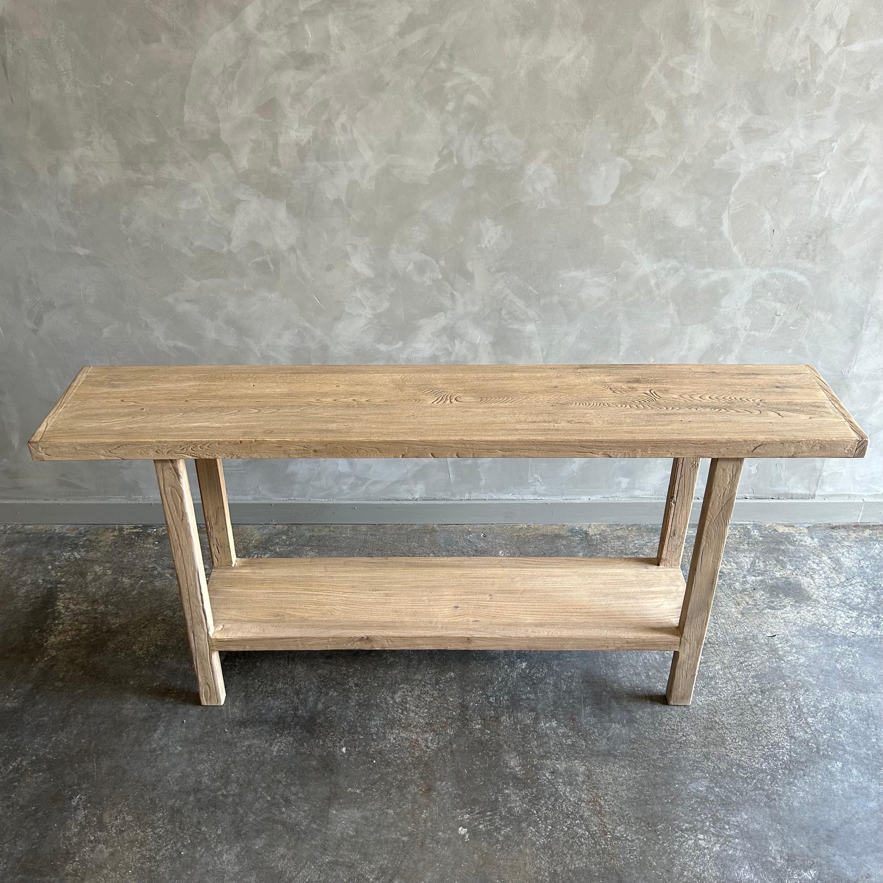 Custom Reclaimed Elm Wood Console Table with Shelf For Sale 2