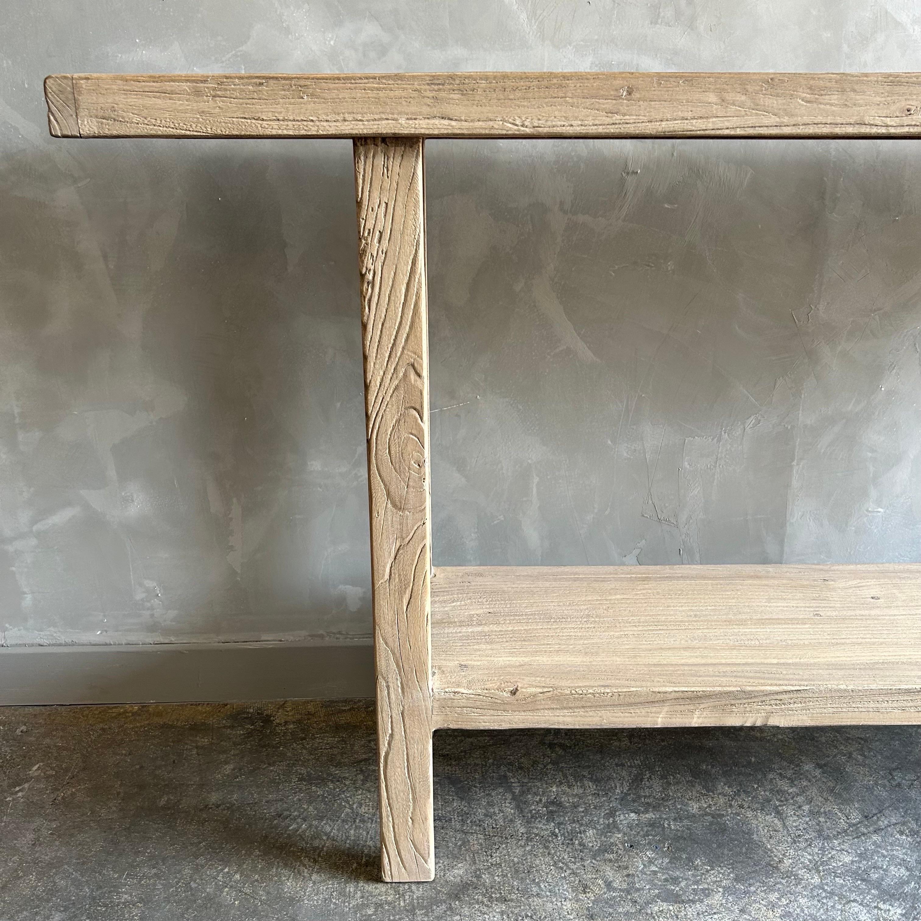 Custom Reclaimed Elm Wood Console Table with Shelf For Sale 3