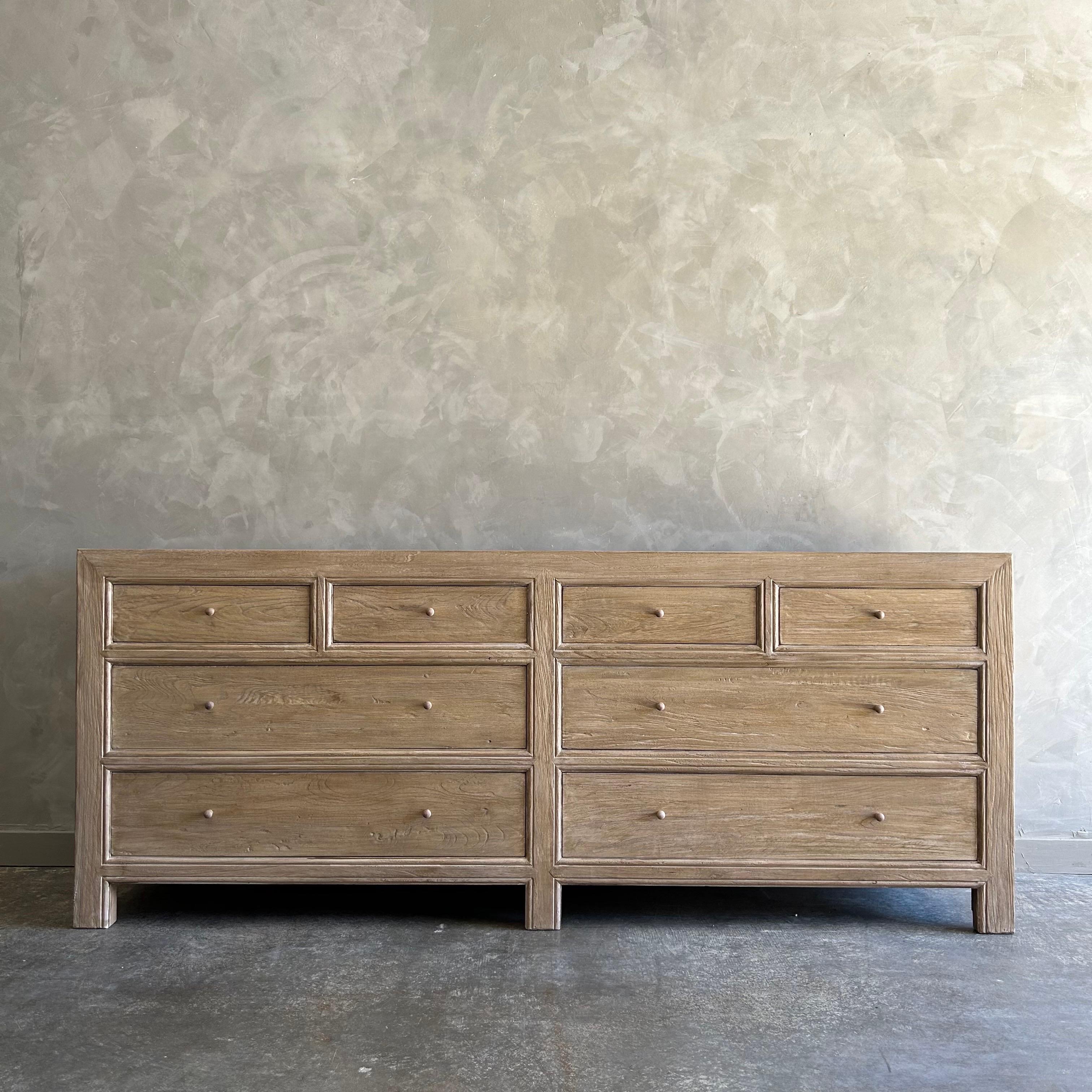Our dresser is custom made from reclaimed elm wood in a dark walnut finish,  The eco-friendly dresser, is a great additional to any space.  Experience the beauty of reclaimed wood while enjoying the convenience of abundant storage. Dovetail