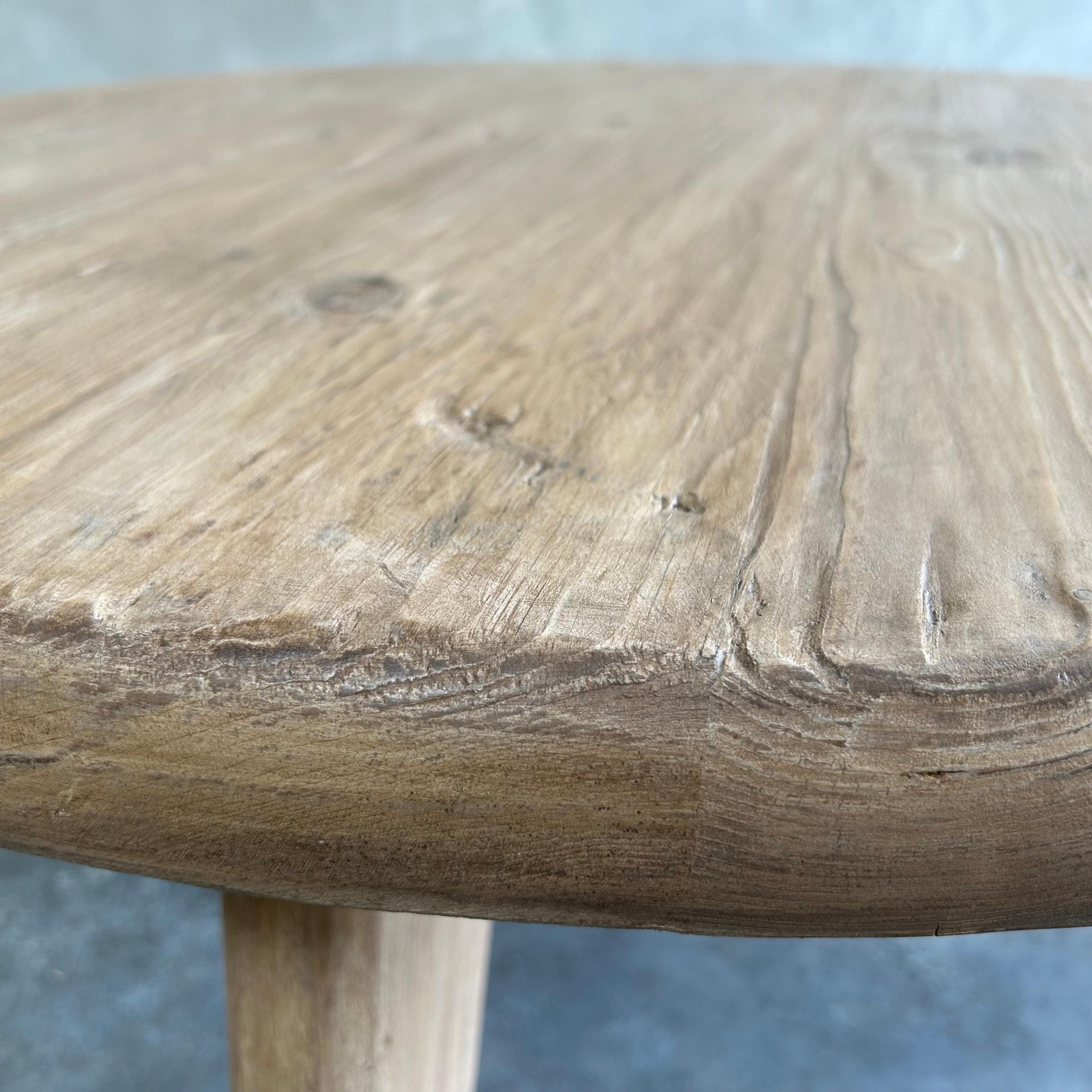 Custom Reclaimed Elm Wood Round Coffee Table with 3 Legs For Sale 1