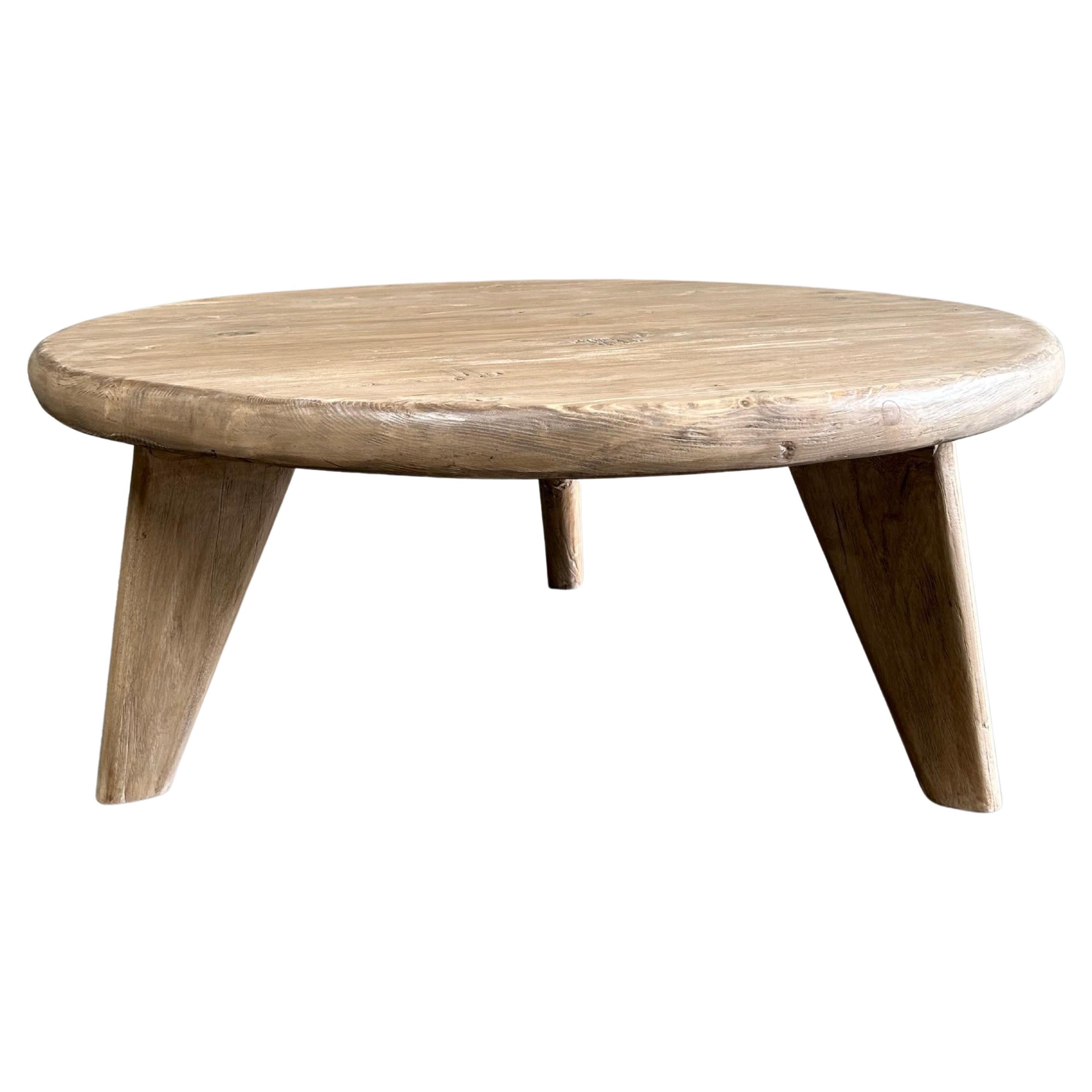 Custom Reclaimed Elm Wood Round Coffee Table with 3 Legs For Sale