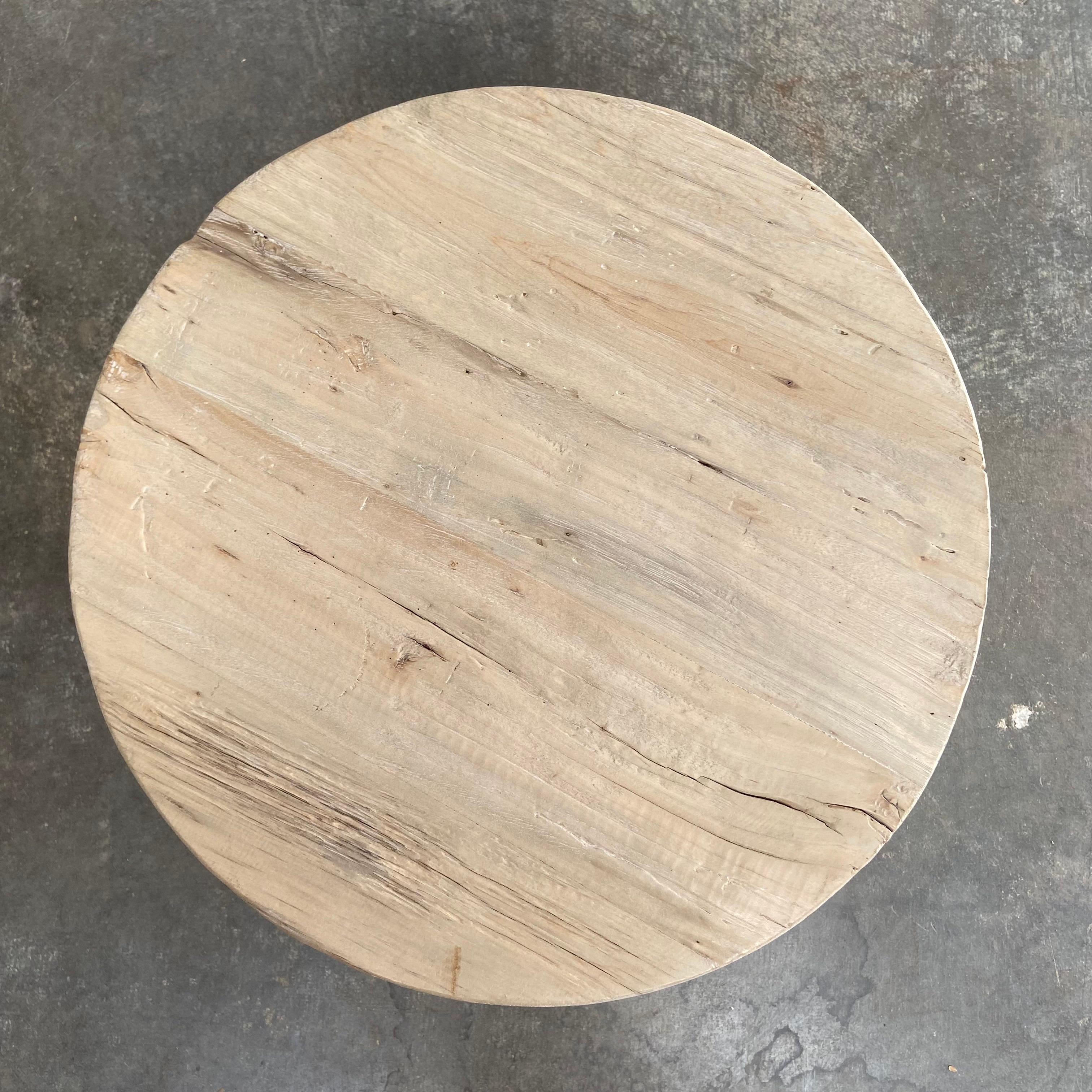 Custom Reclaimed Elm Wood Round Side Table In New Condition In Brea, CA