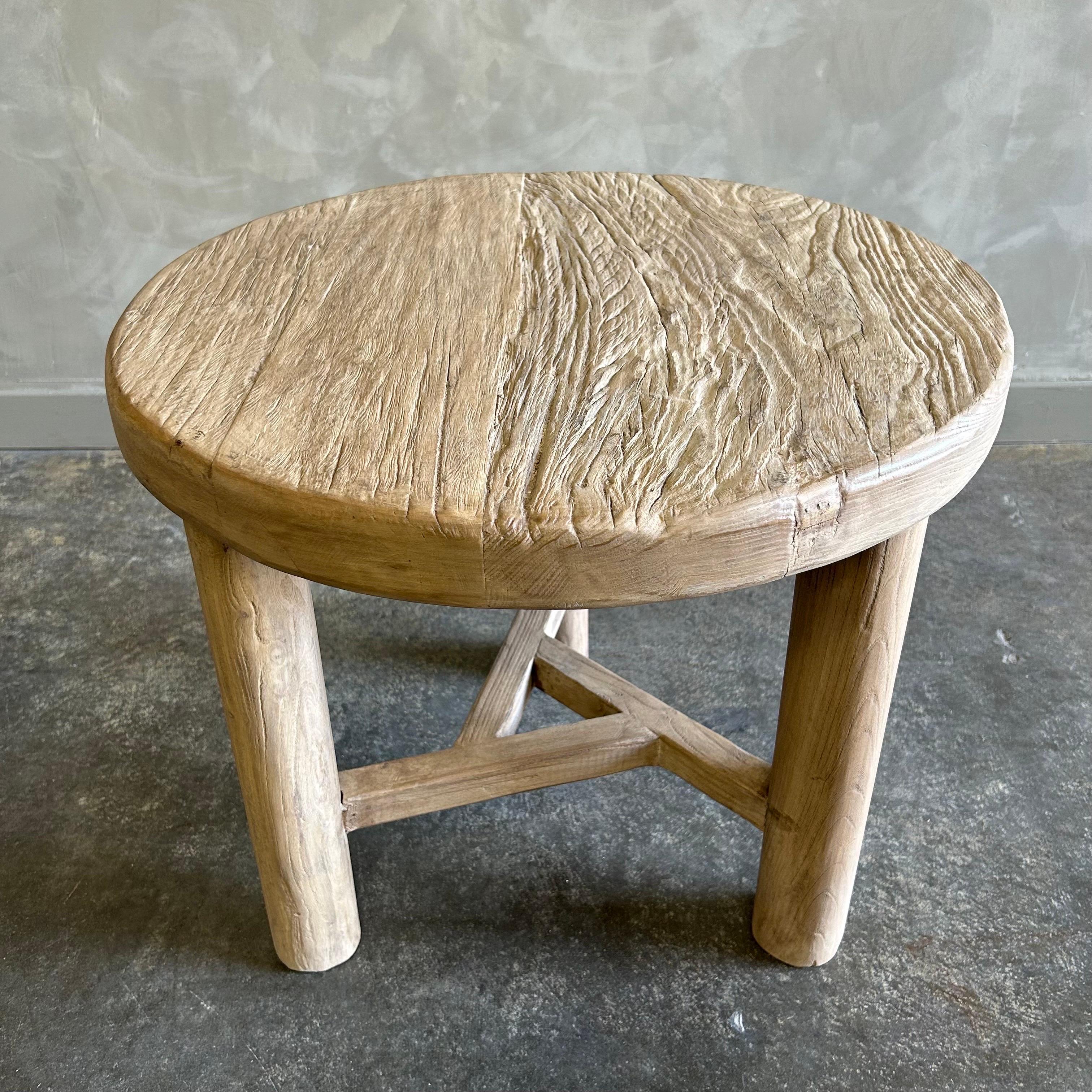 Custom Reclaimed Elm Wood Round Side Table with Round Legs In New Condition In Old Town Orange, CA