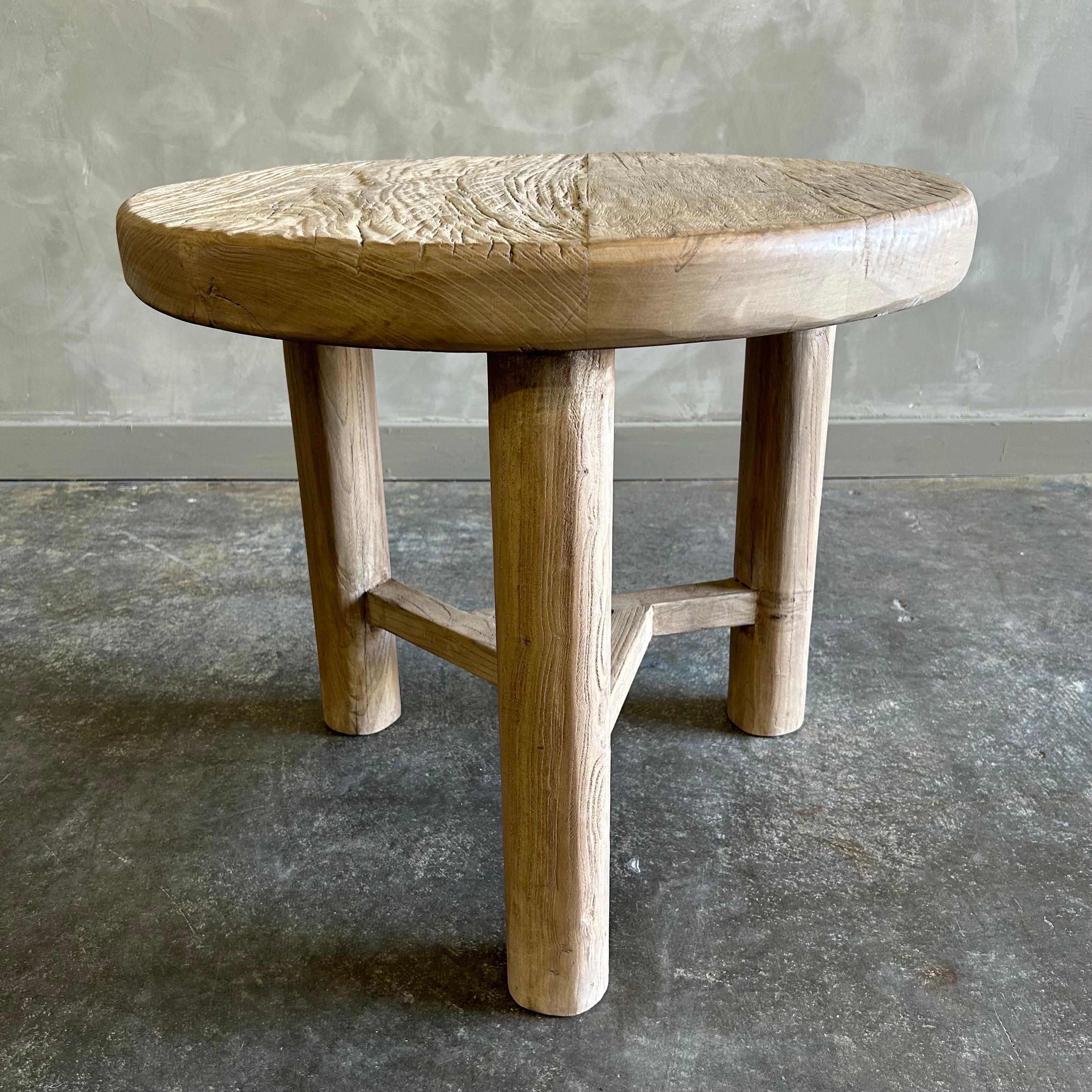 Custom Reclaimed Elm Wood Round Side Table with Round Legs In New Condition For Sale In Brea, CA
