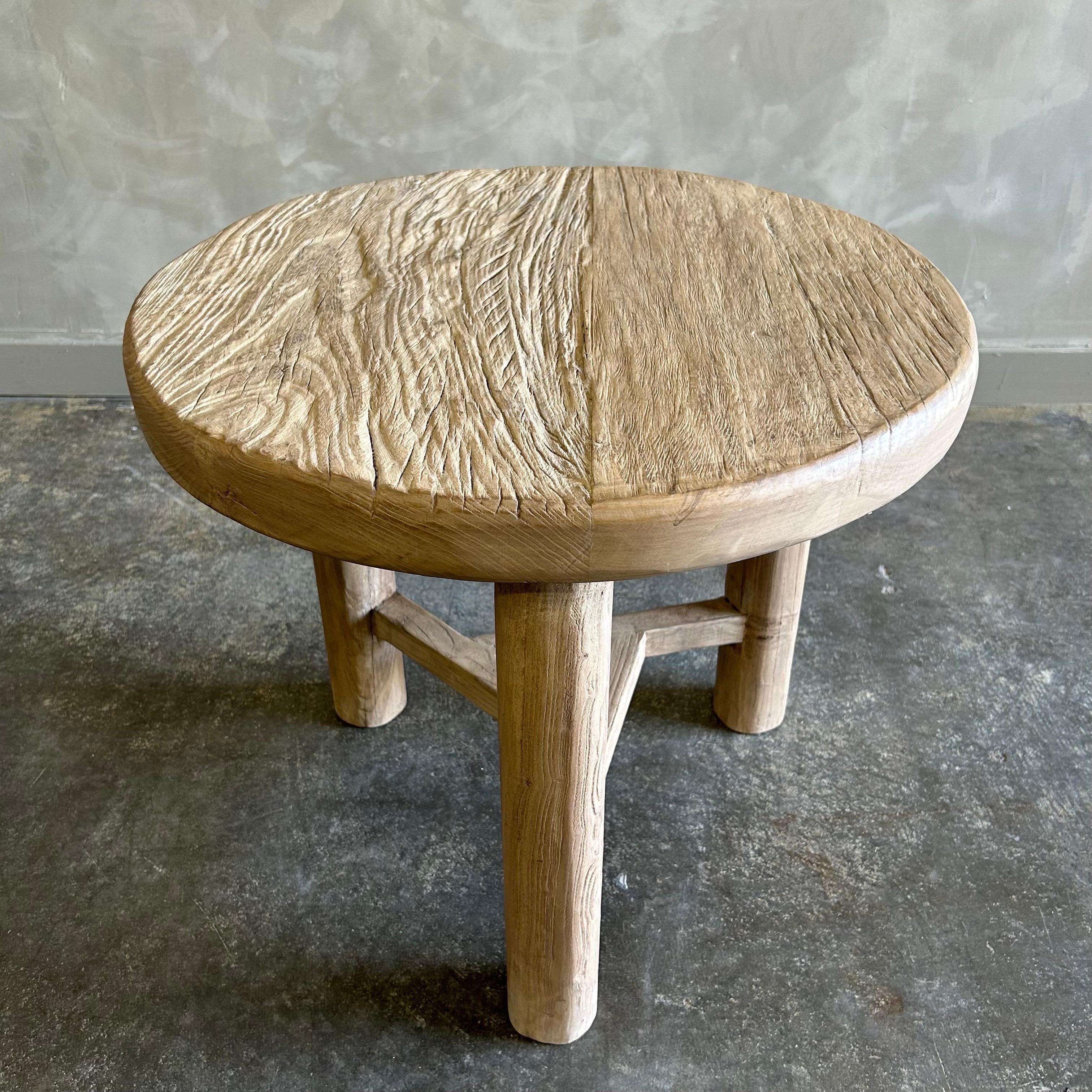 Contemporary Custom Reclaimed Elm Wood Round Side Table with Round Legs For Sale