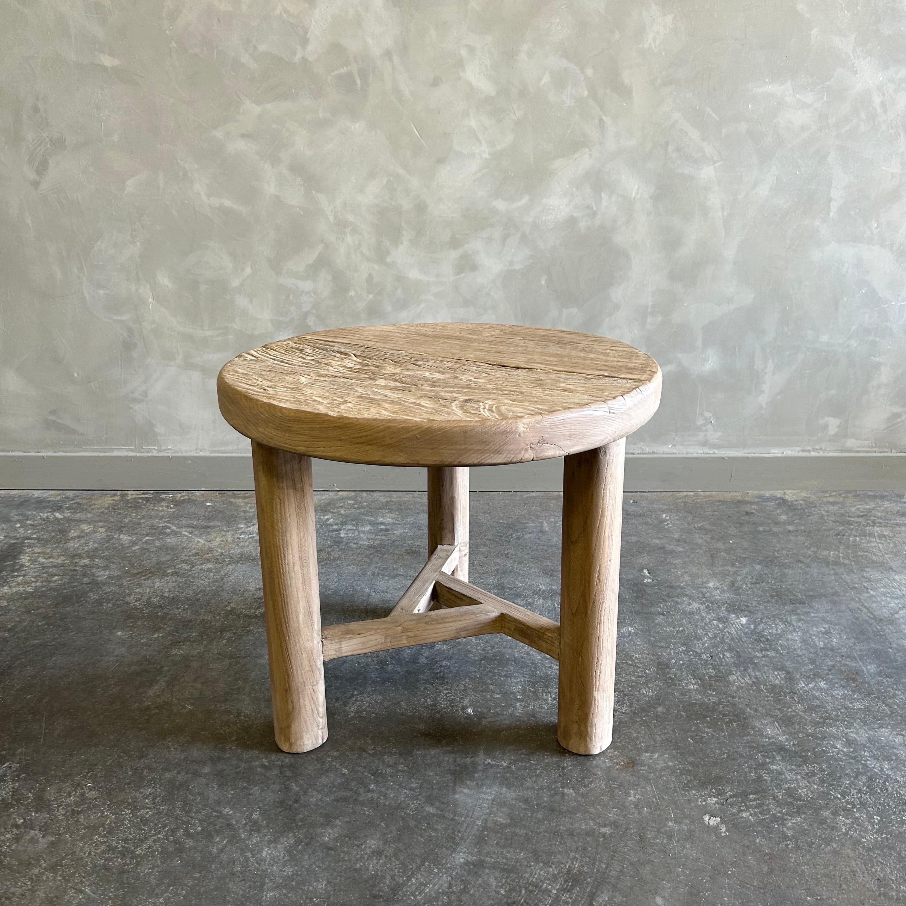 Custom Reclaimed Elm Wood Round Side Table with Round Legs For Sale 3