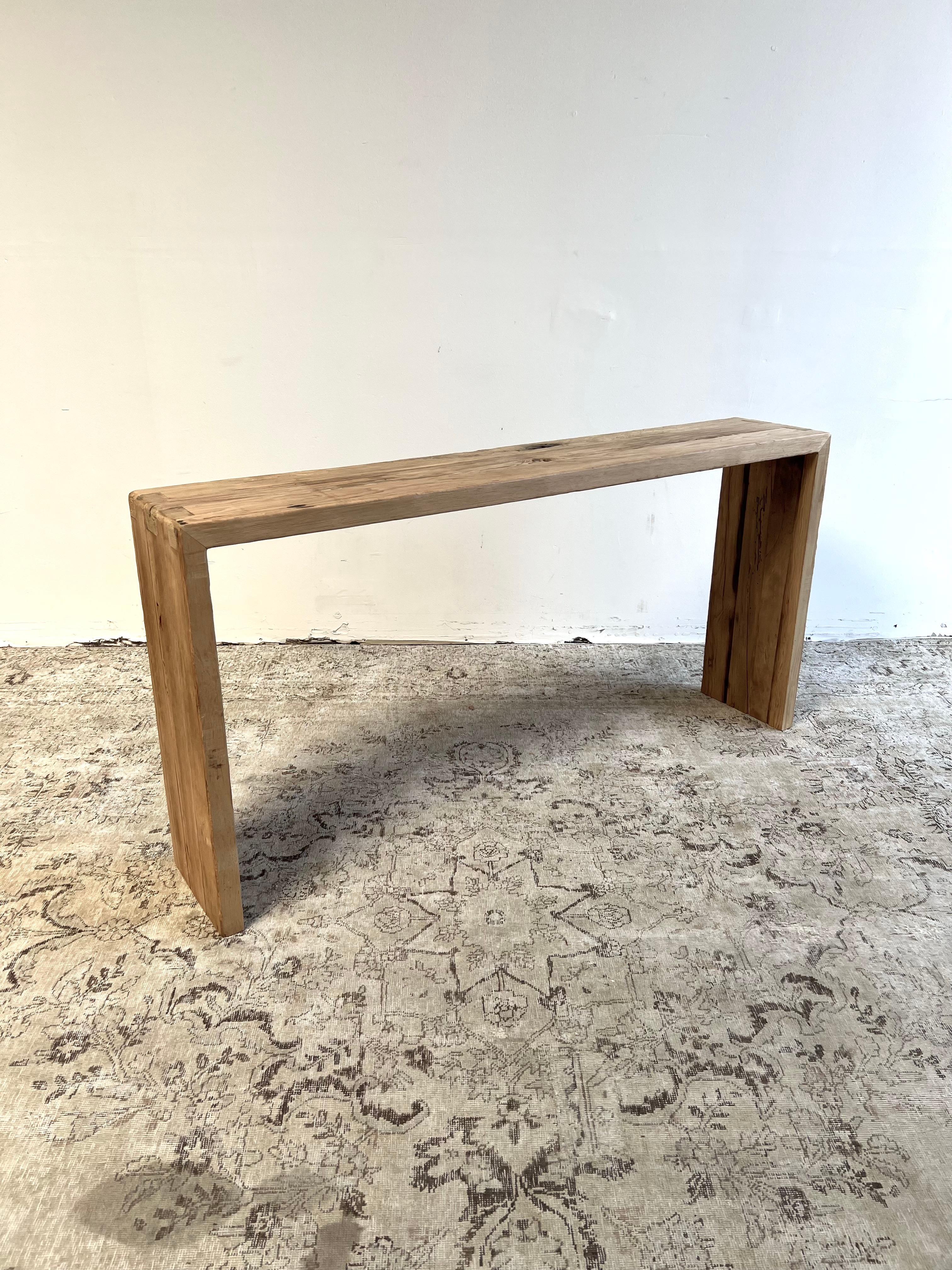 Custom reclaimed elm wood console table
Made from vintage reclaimed elm wood. Beautiful antique patina, with weathering and age, these are solid and sturdy ready for daily use, use as a entry table, sofa table or console in a dining room. Great in