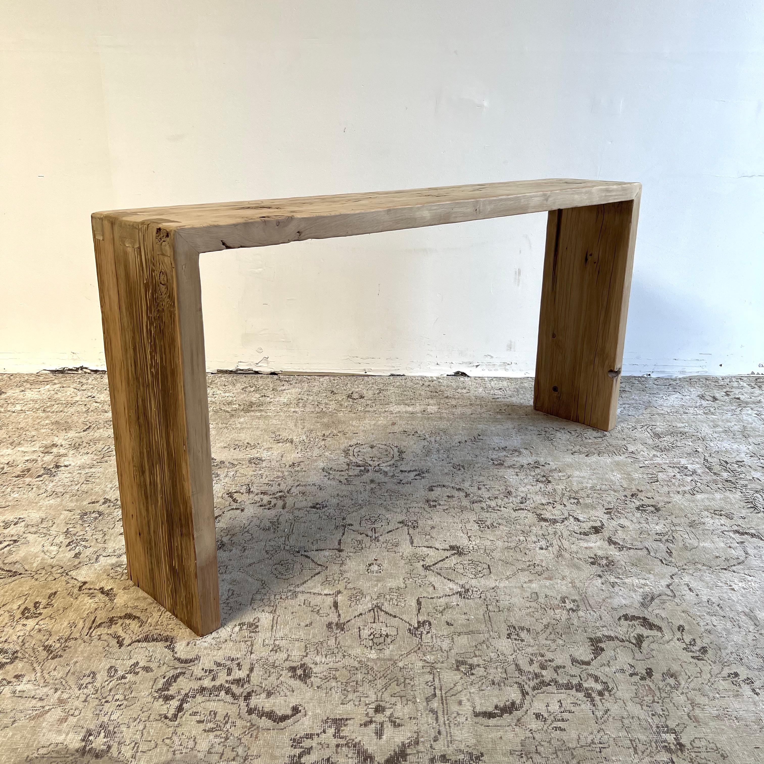 Custom reclaimed elm wood console table.
Made from vintage reclaimed elm wood. Beautiful antique patina, with weathering and age, these are solid and sturdy ready for daily use, use as a entry table, sofa table or console in a dining room. Great in