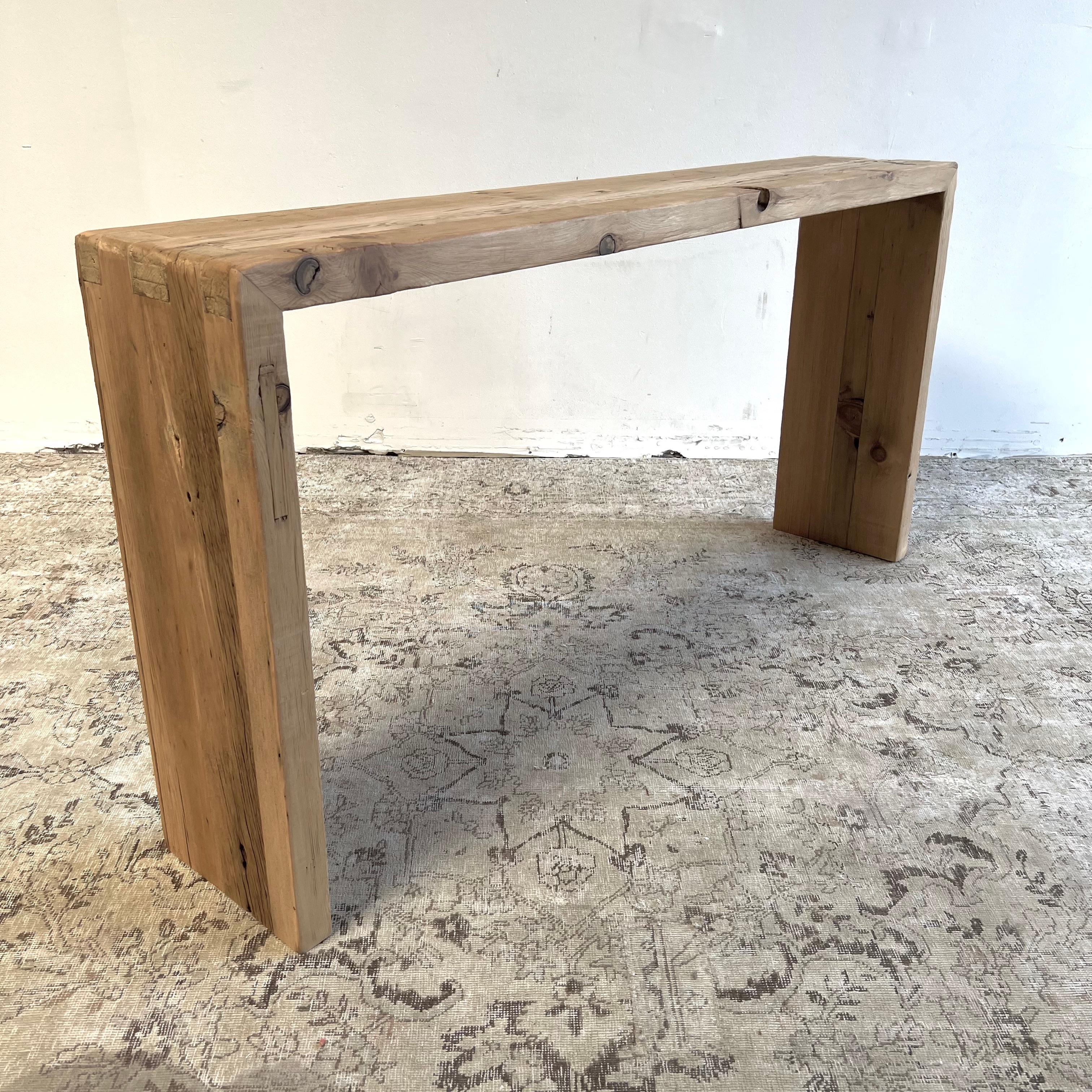 Custom reclaimed elm wood console table.
Made from vintage reclaimed elm wood. Beautiful antique patina, with weathering and age, these are solid and sturdy ready for daily use, use as a entry table, sofa table or console in a dining room. Great in