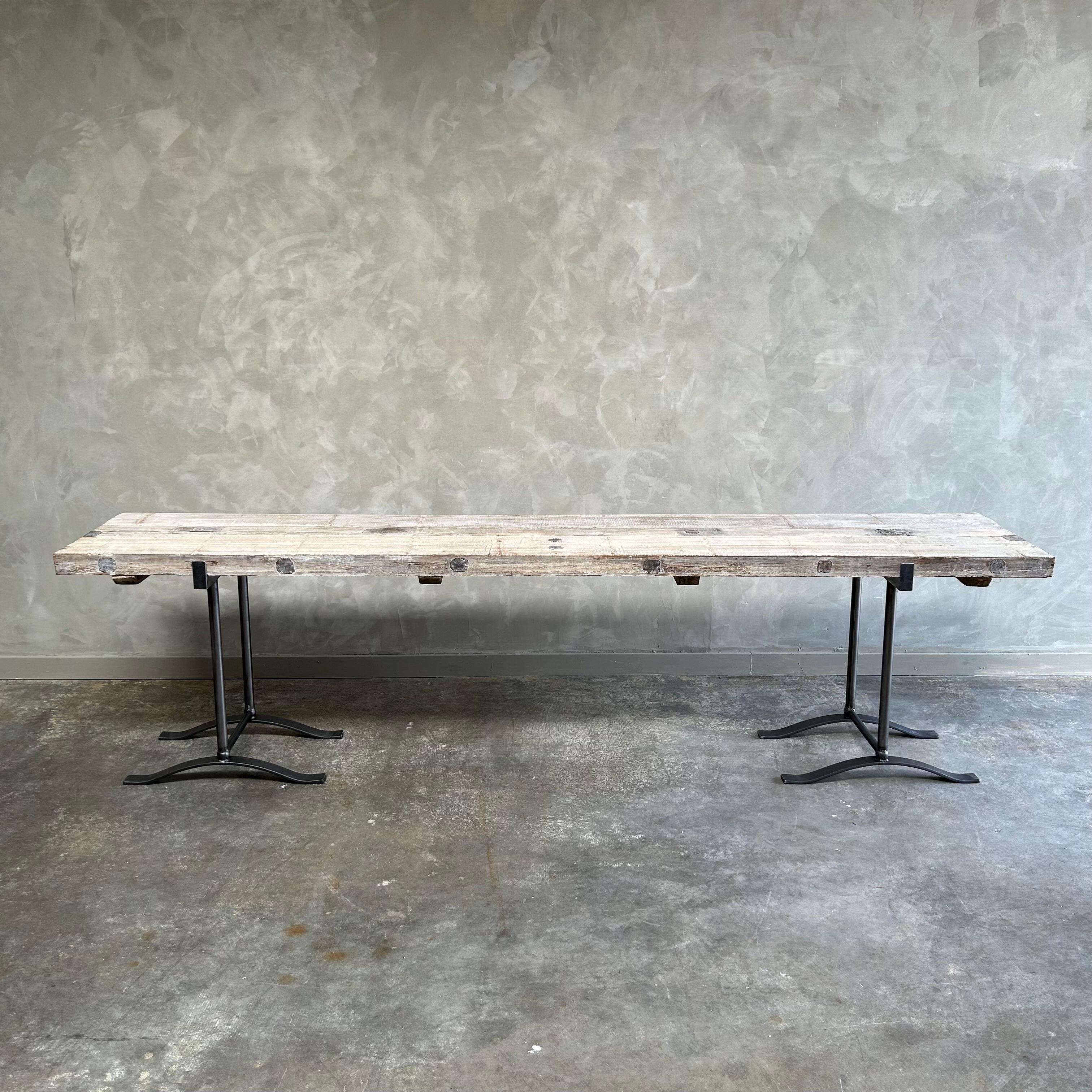 Bloom Home inc has over 2000 items in stock ready for immediate shipping, scroll down to view all of our items!
Plank console table features a plank reclaimed wood table top and custom made metal base. The base legs are completely separate from the