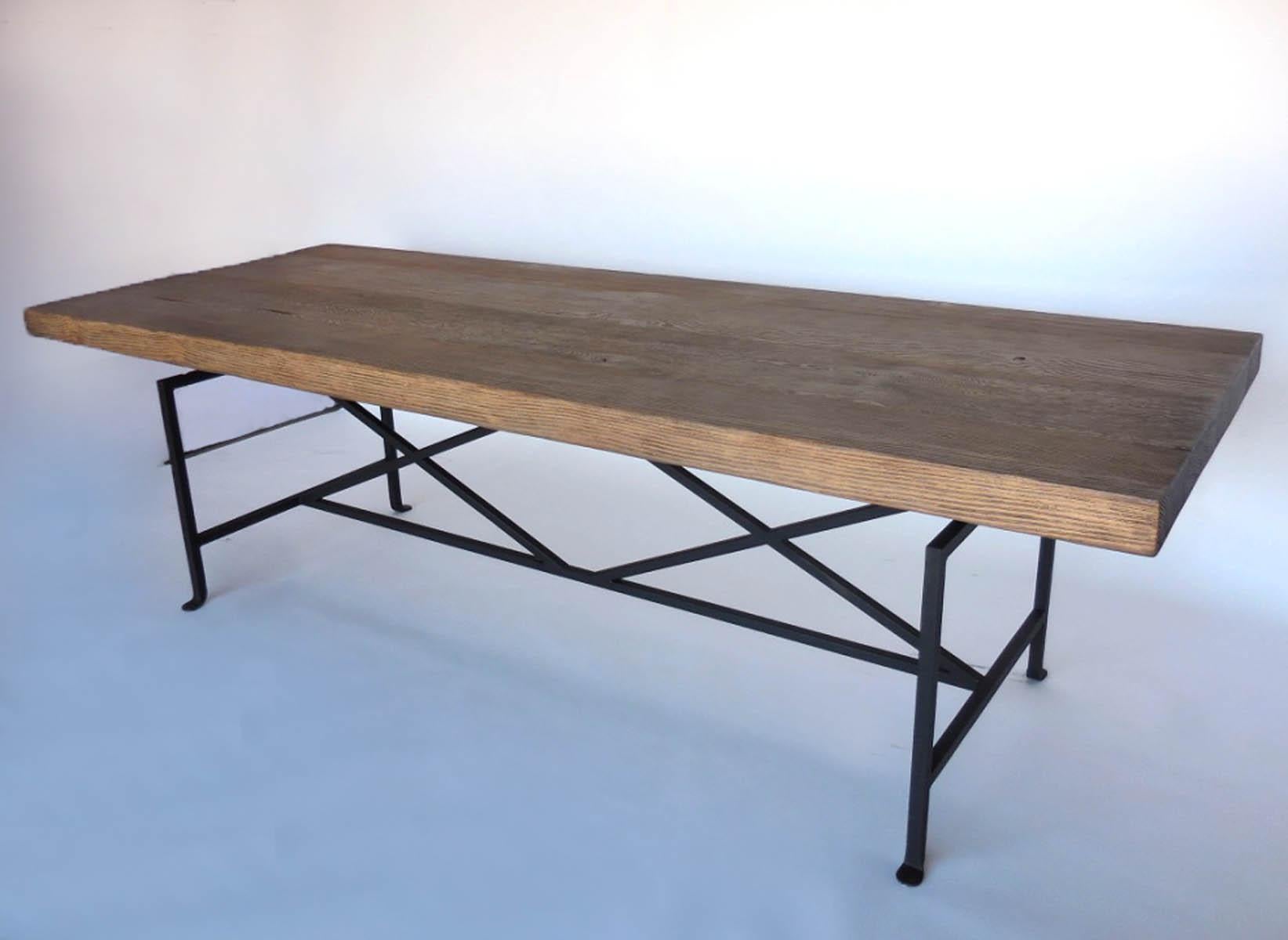 Custom douglas fir table with hand forged iron base. Top is built up to desired thickness, as shown,  3 to 3.5 inch Can be made any size and with a variety of finishes. 
Made in Los Angeles by Dos Gallos Studio. 
CUSTOM PRICES ARE SUBJECT TO CHANGE