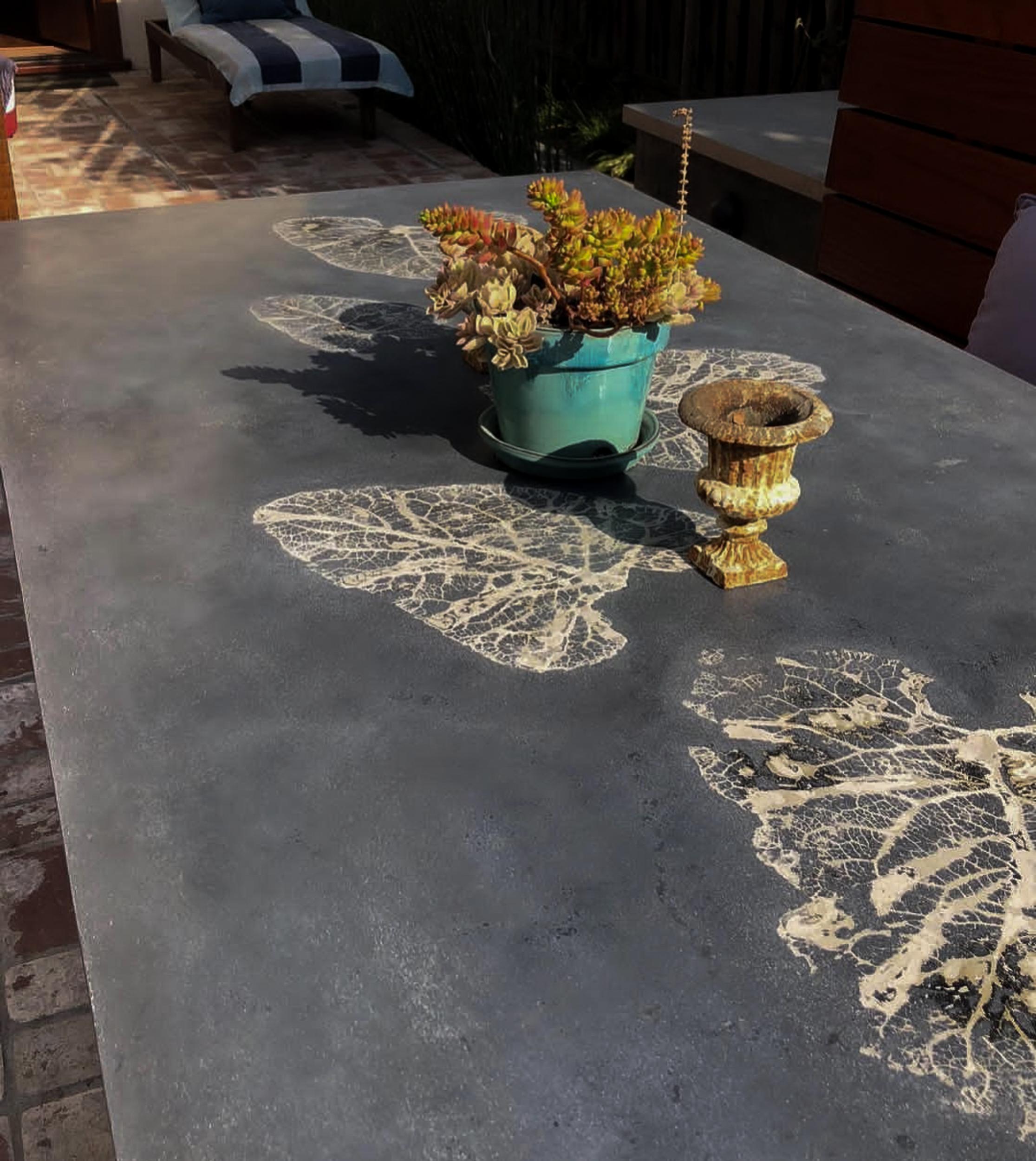 These highly customizable mid-weight square or rectangular concrete dining, console, or coffee table tops with or without impressions from real leaves can make a natural addition to nearly any room or outdoor environment. Bases are not included, and