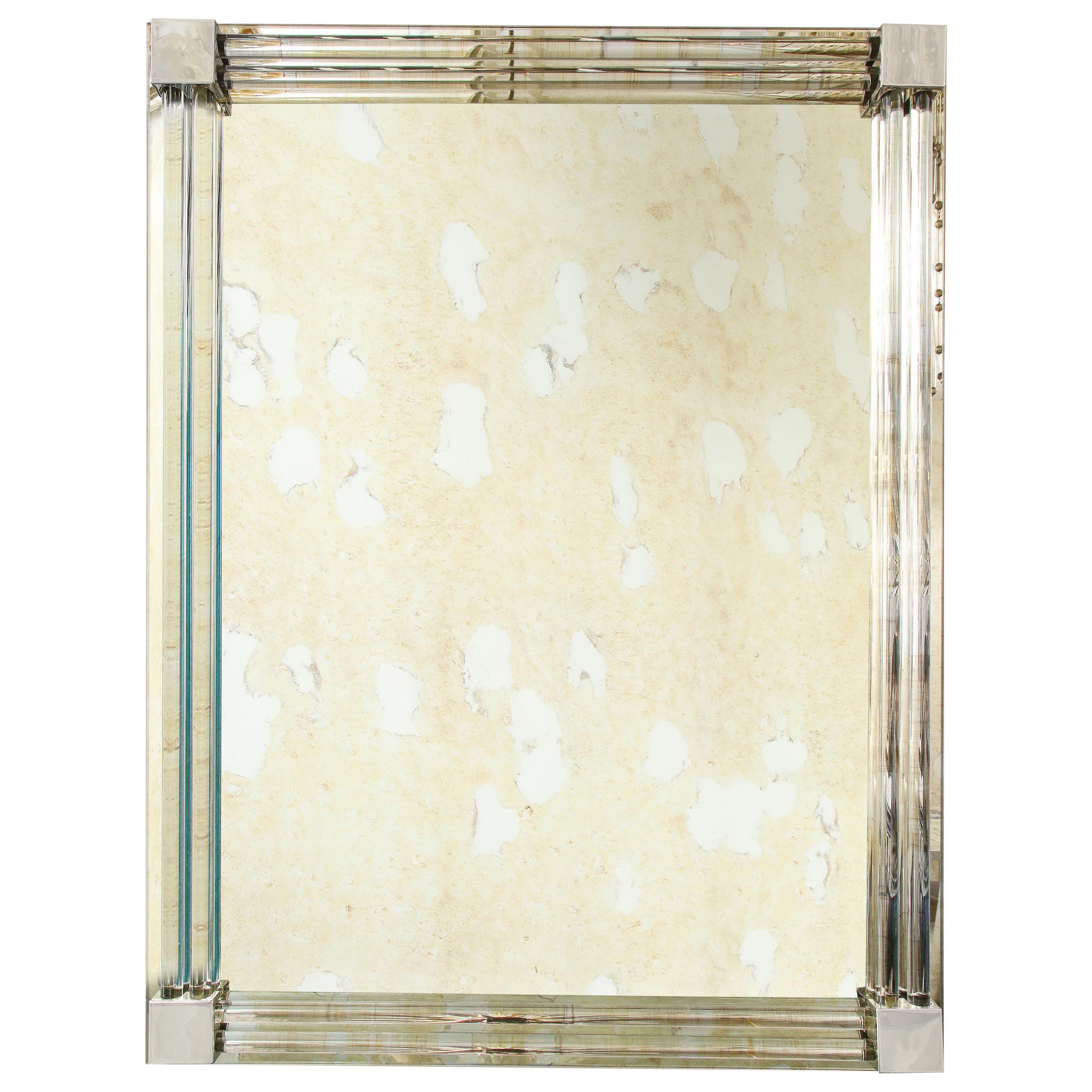 Rectangular Mirror with Glass Rod Frame and Metal Accents For Sale
