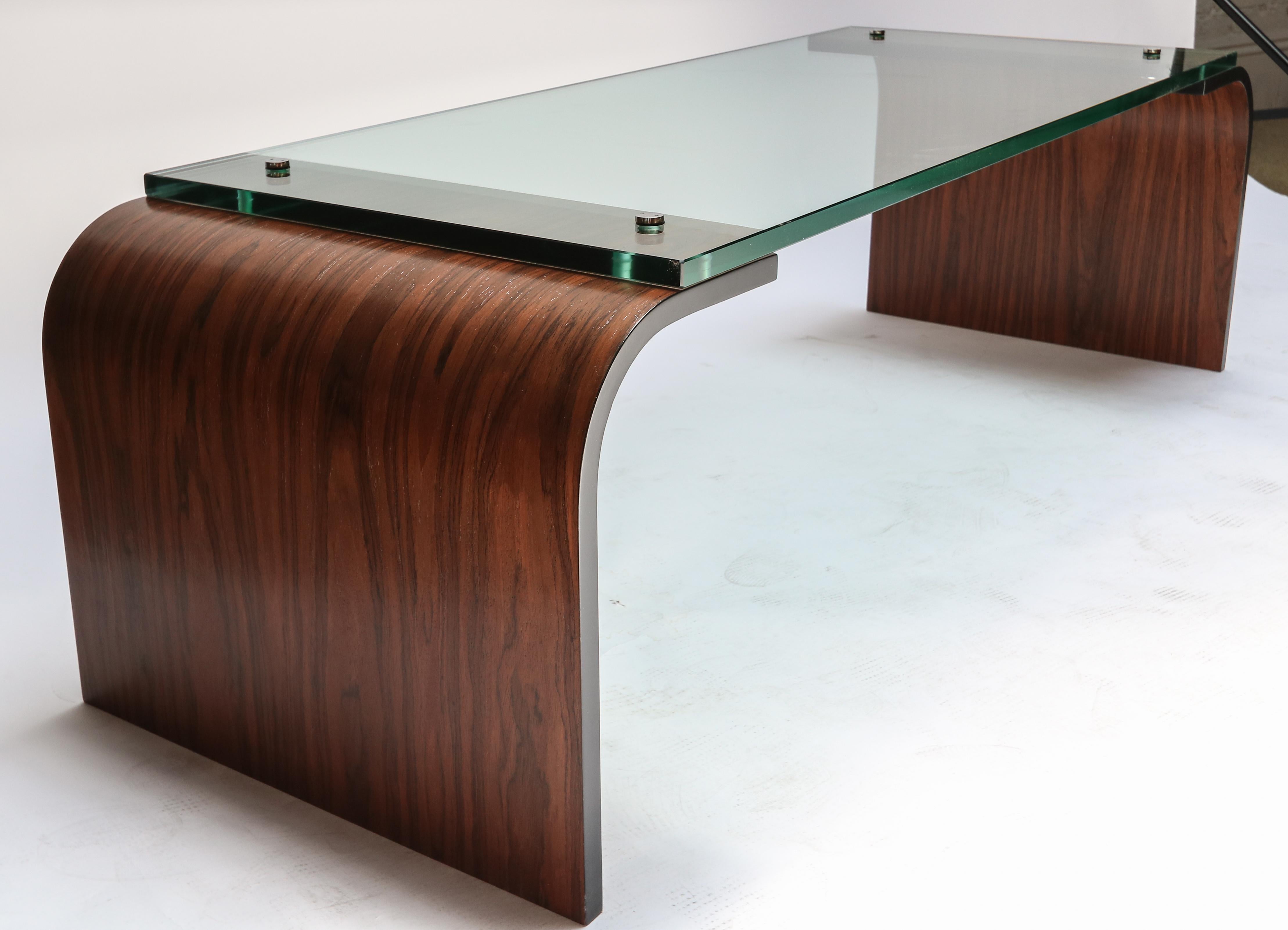 Metal Custom Rectangular Rosewood and Glass Coffee Table by Adesso Imports For Sale