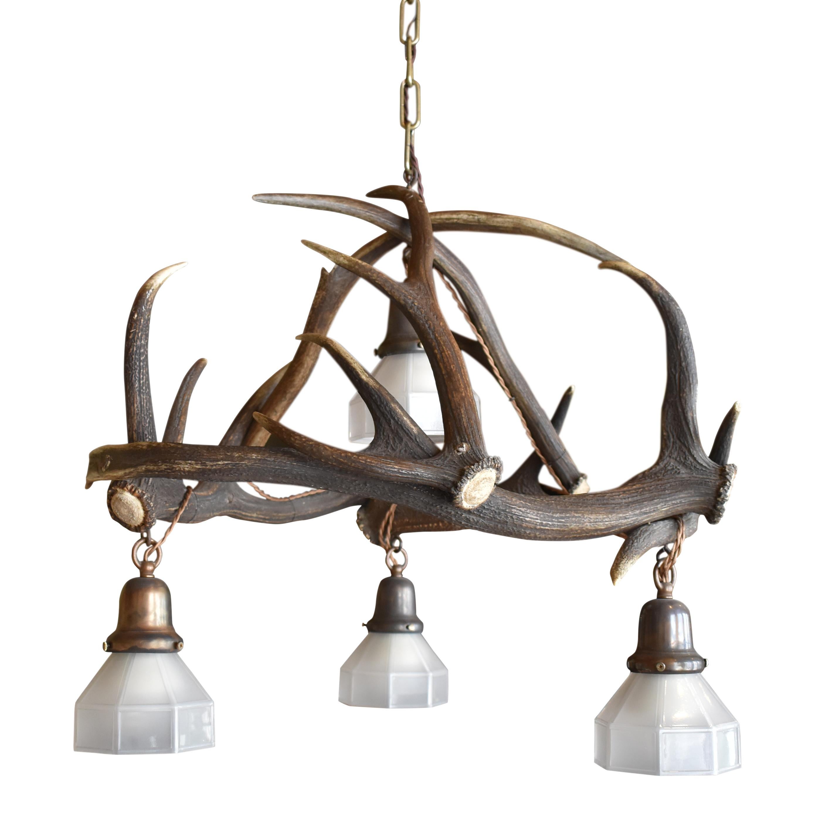 Beautiful from every angle, this custom made chandelier features six European Red Stag antlers with four suspended pendant light fixtures. The fixtures illuminate the room from frosted, octagonal shades with bronze colored holders. The height of the