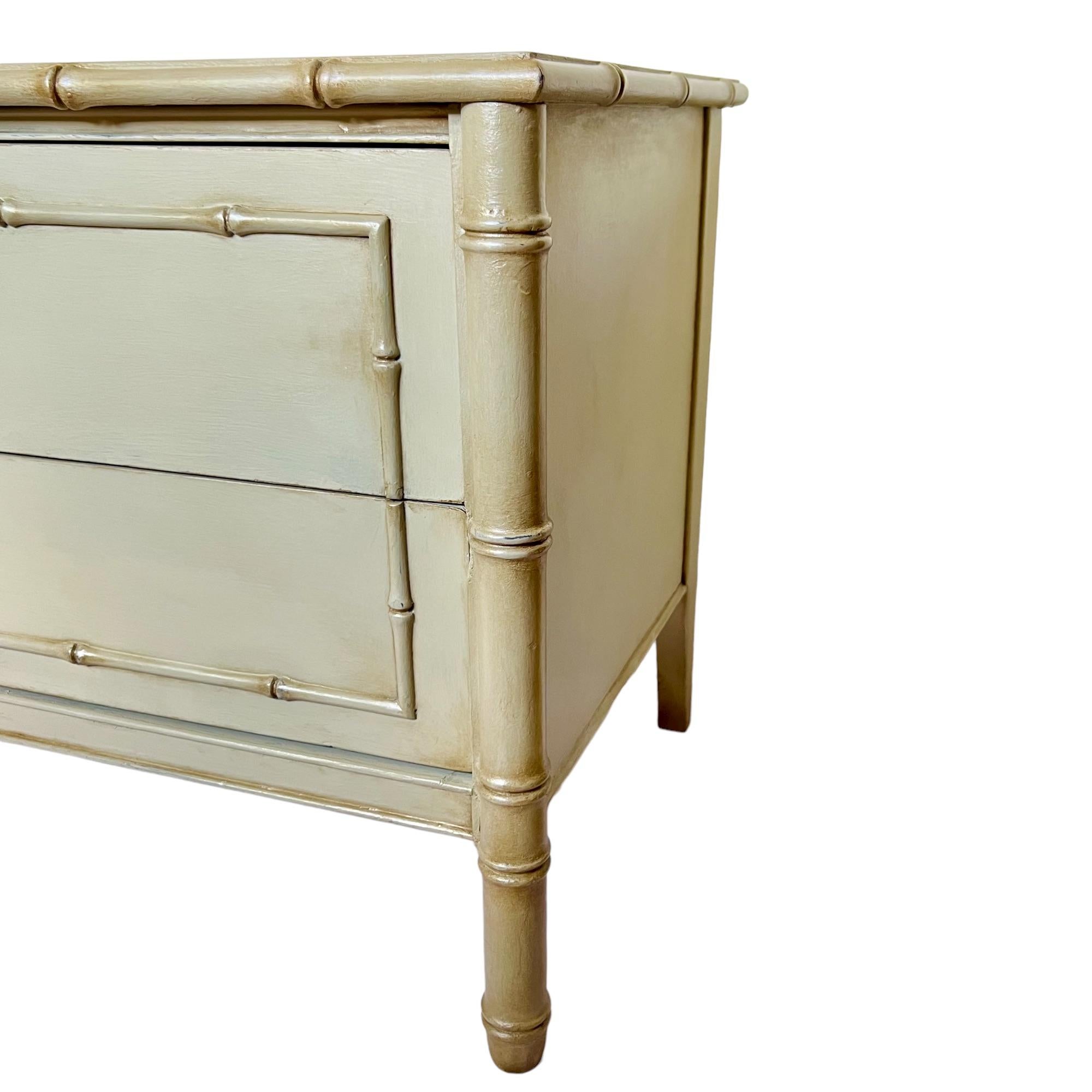 Hollywood Regency Custom Refinished Vintage Faux Bamboo Two-Drawer Low Chest For Sale