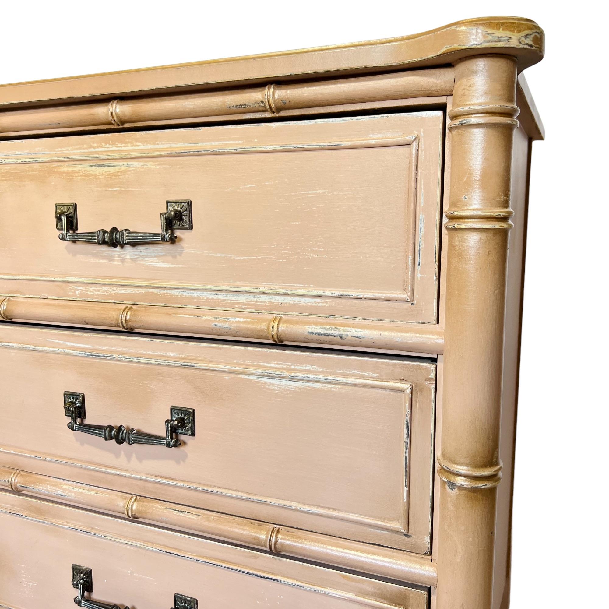 Hand-Painted Custom Refinished Vintage Henry Link Faux Bamboo Dresser For Sale