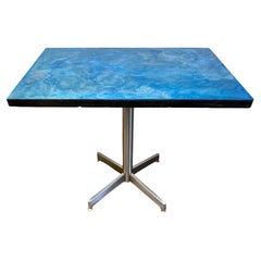 Custom Refurbished Bistro Table with Blue Patina Steel Top