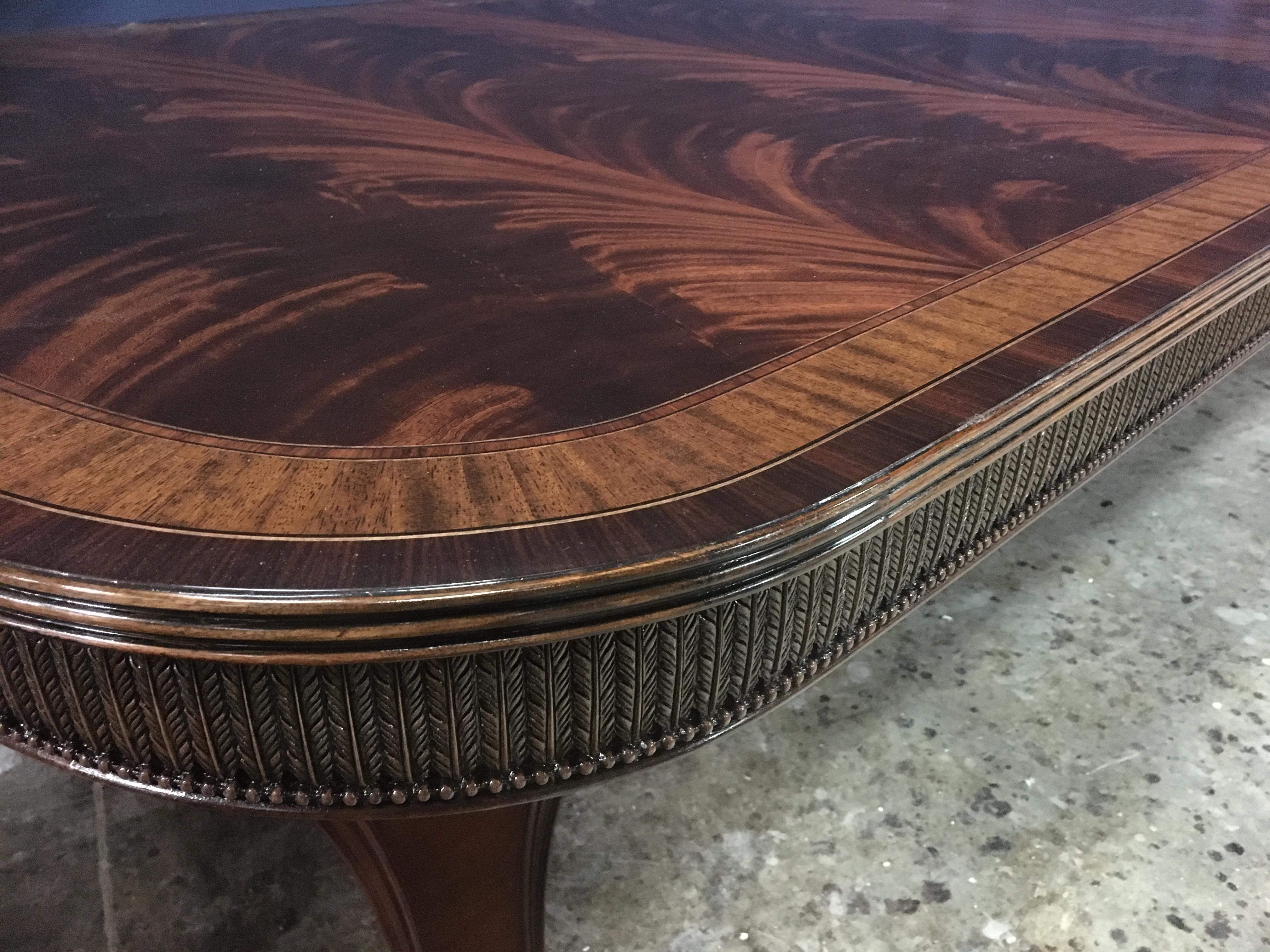 This is a made-to-order large traditional Regency style mahogany dining table made in the Leighton Hall shop. It features a field of slip-matched swirly crotch mahogany from West Africa and other exotic woods as borders.  The borders are separated
