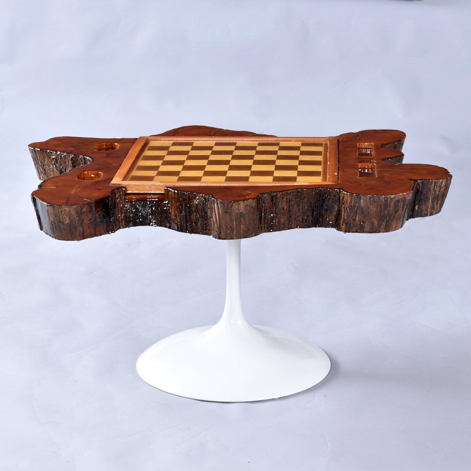 Custom Reversible Chess and Backgammon Live Edge Game Table on Tulip Base For Sale 5