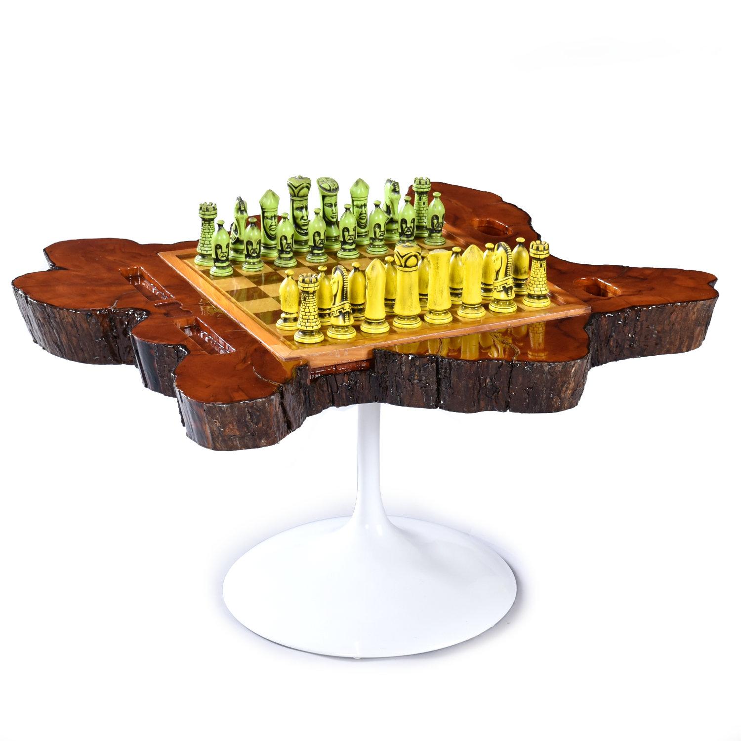 Mid-Century Modern Custom Reversible Chess and Backgammon Live Edge Game Table on Tulip Base For Sale