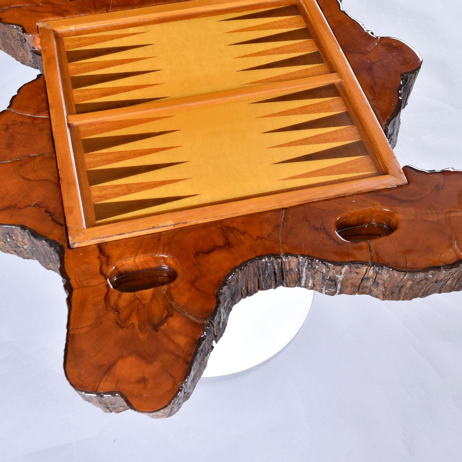 Mid-20th Century Custom Reversible Chess and Backgammon Live Edge Game Table on Tulip Base For Sale