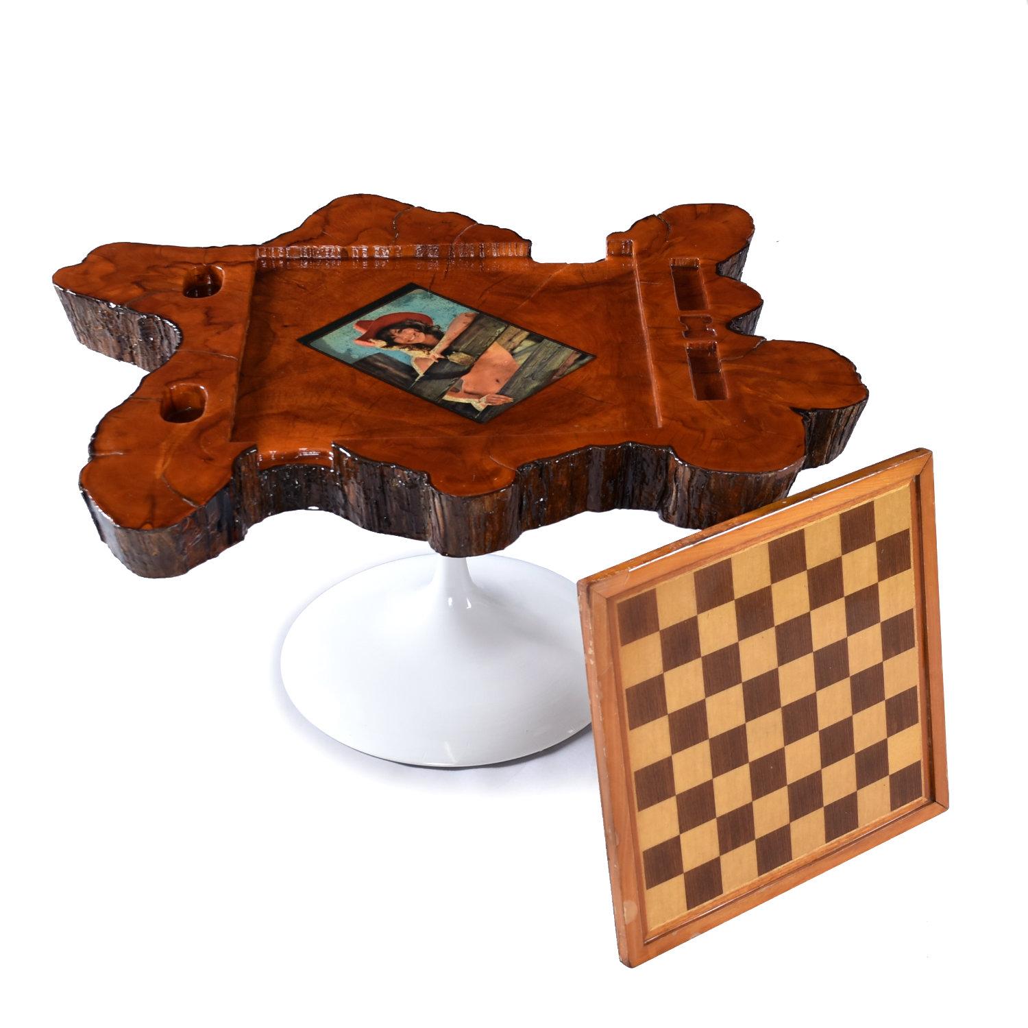 Cypress Custom Reversible Chess and Backgammon Live Edge Game Table on Tulip Base For Sale