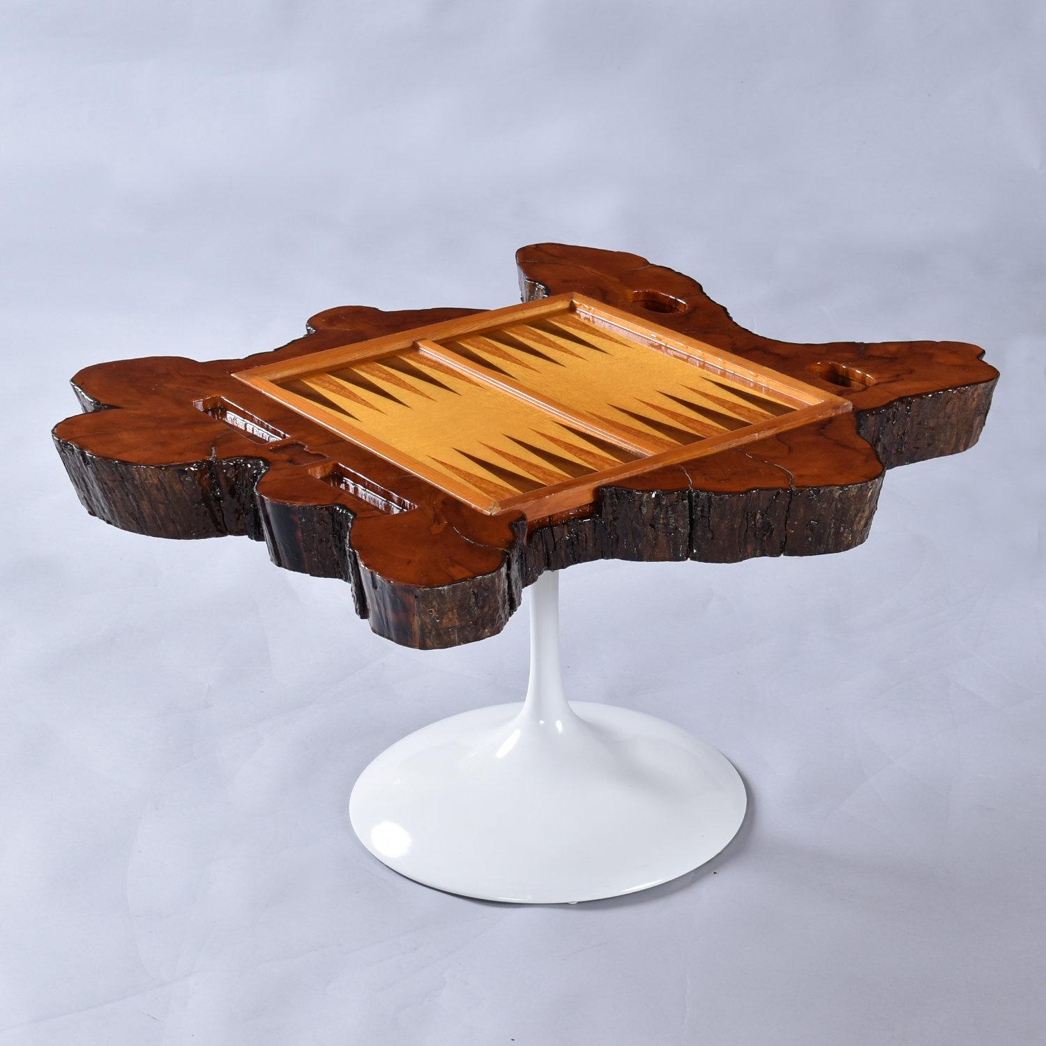 Custom Reversible Chess and Backgammon Live Edge Game Table on Tulip Base For Sale 1