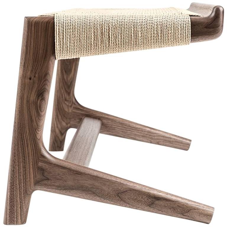 Midcentury inspired, hardwood and woven Danish cord bench. This listing is for a 41.125