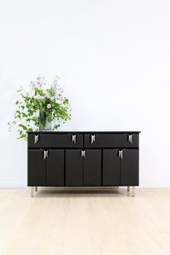 Custom Ribbon Console, Black Stained Ash Wood with Silver Hardware