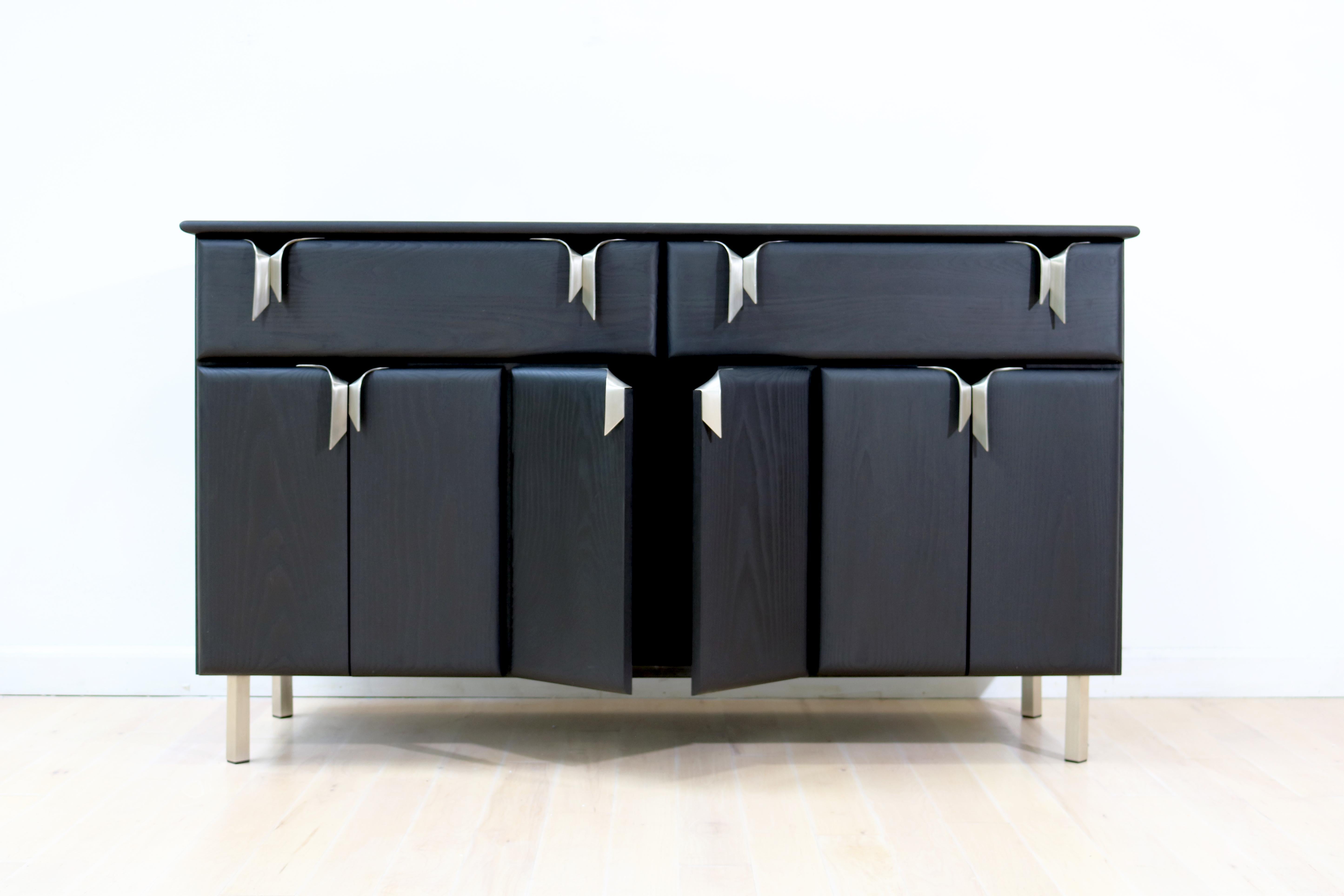 Brushed Custom Ribbon Console, Black Stained Ash Wood with Silver Hardware For Sale