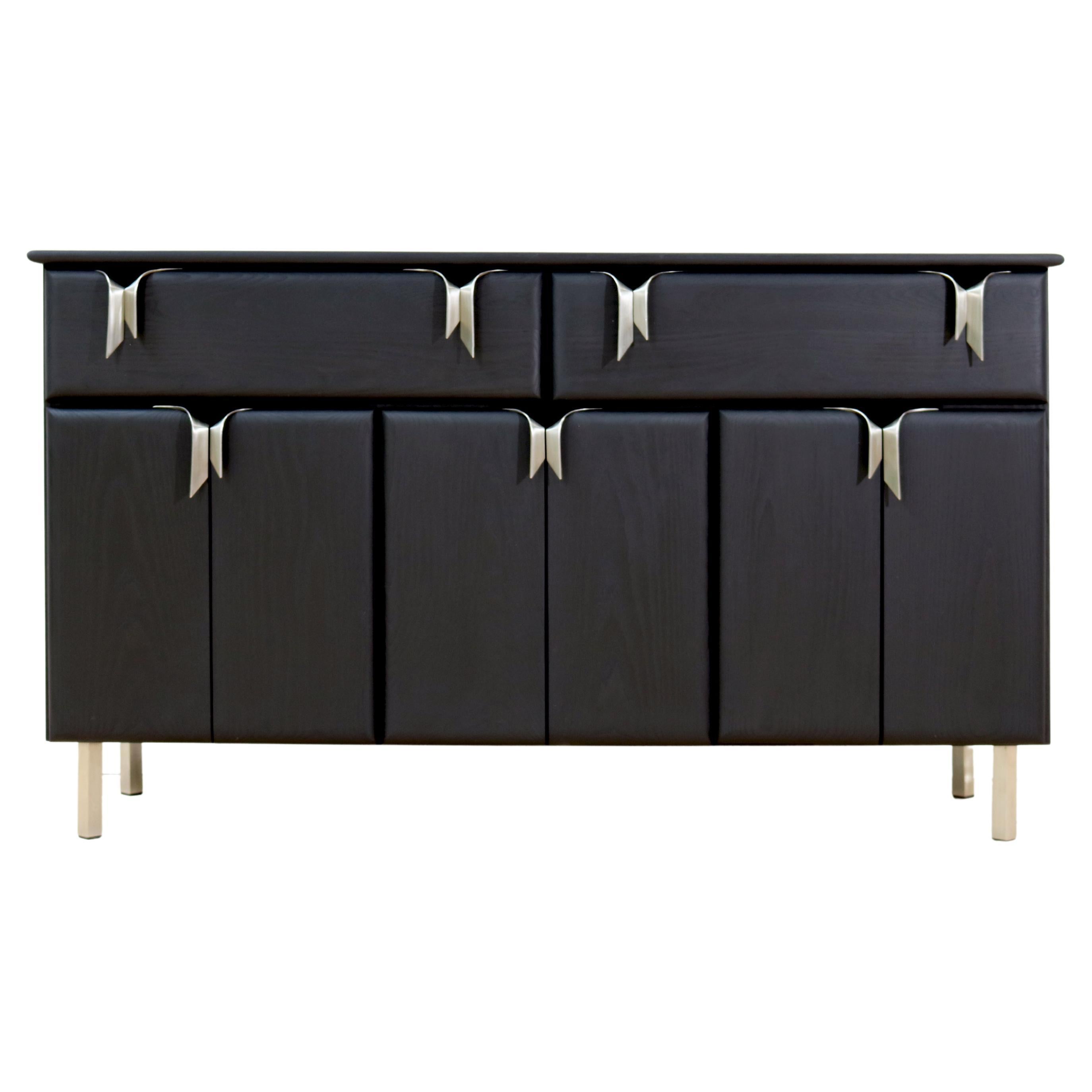 Custom Ribbon Console, Black Stained Ash Wood with Silver Hardware For Sale