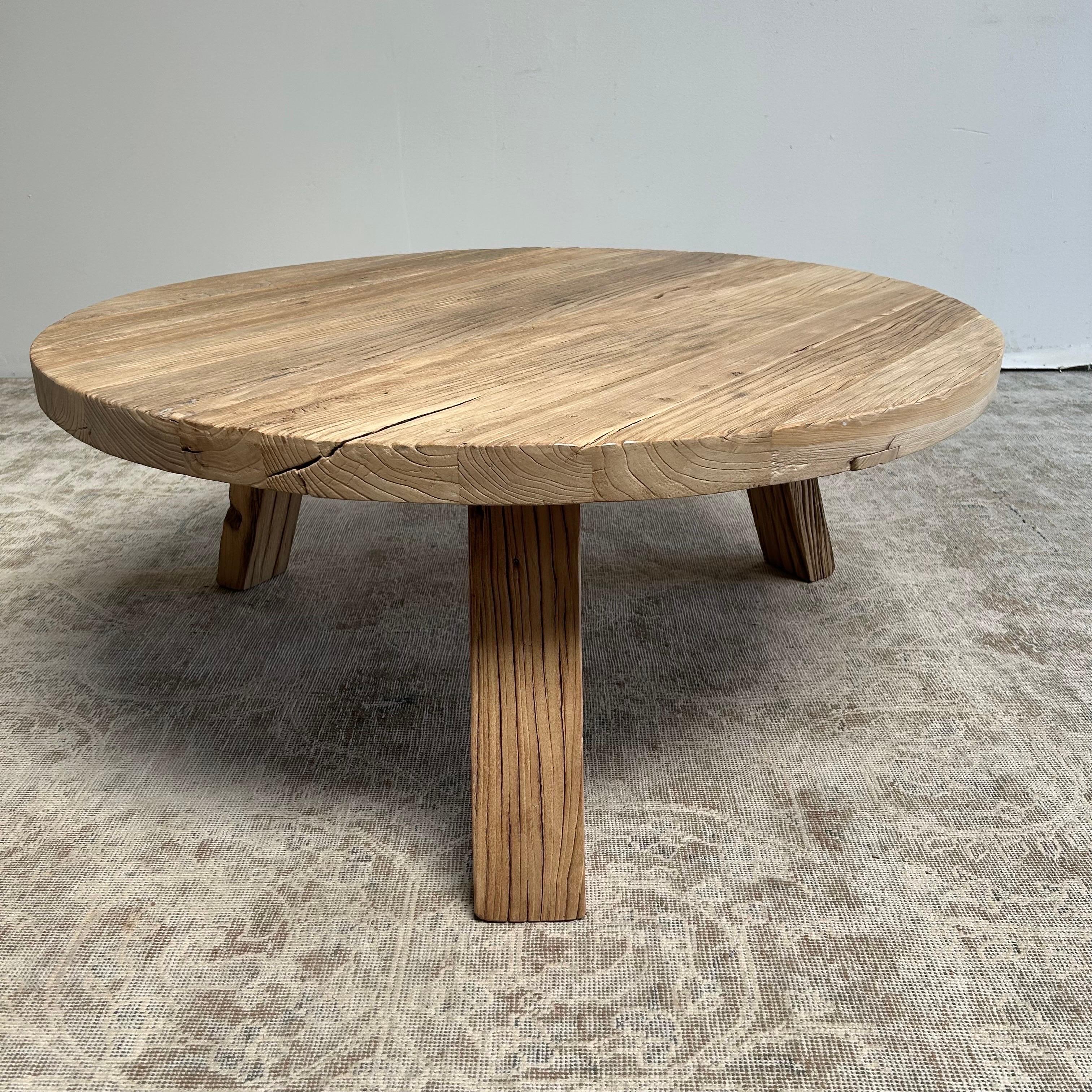 Organic Modern Custom Round Reclaimee Elm Coffee Table with Tri-Leg For Sale