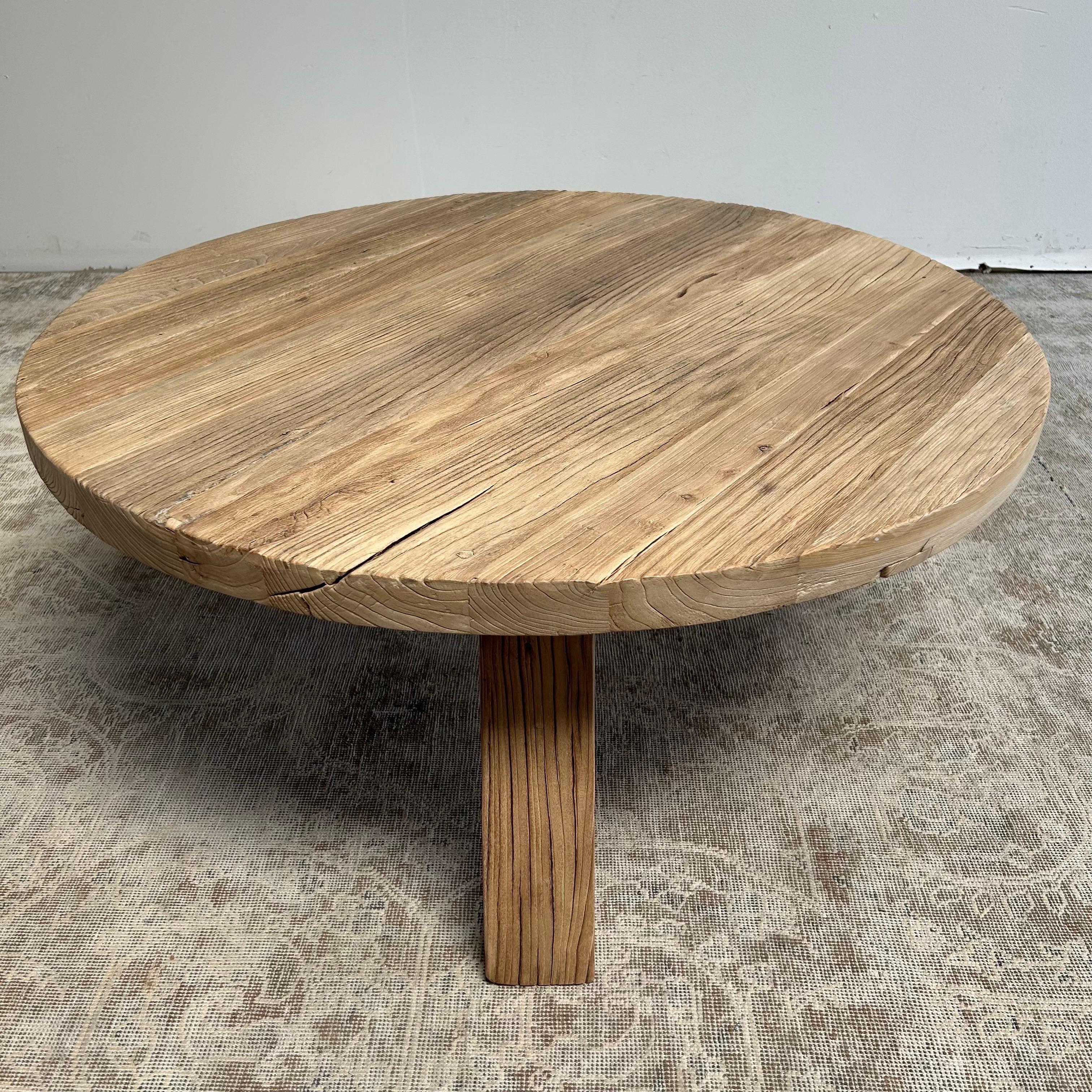 Asian Custom Round Reclaimee Elm Coffee Table with Tri-Leg For Sale