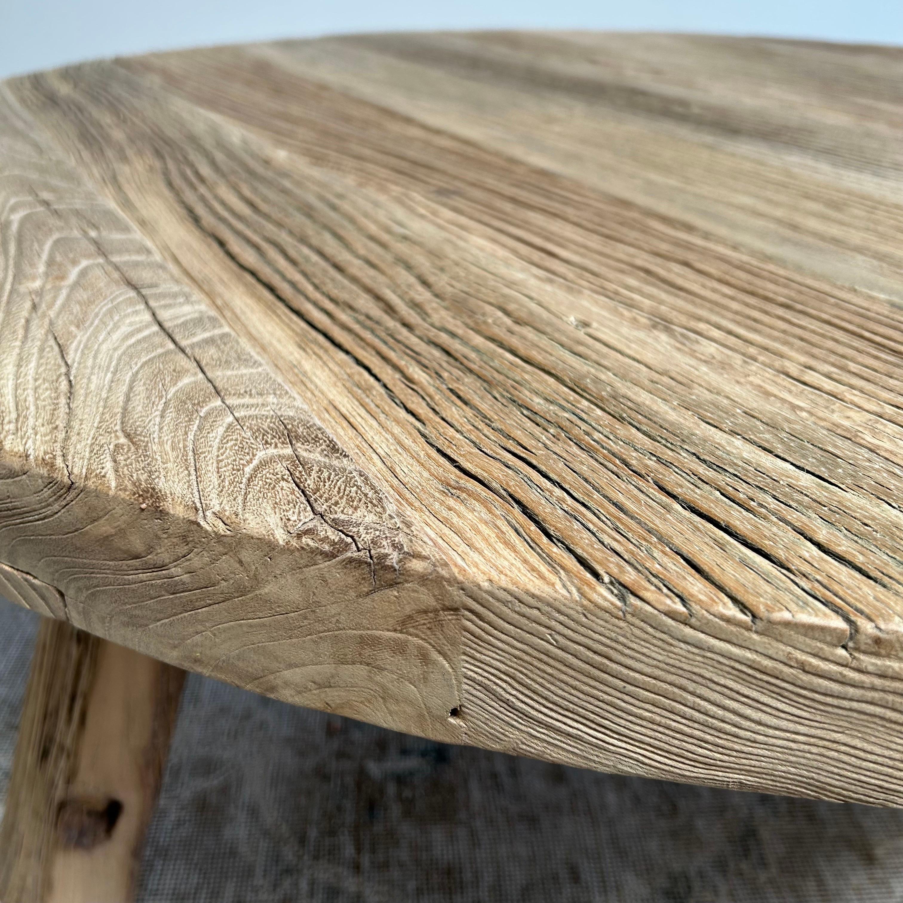 Custom Round Reclaimee Elm Coffee Table with Tri-Leg For Sale 2