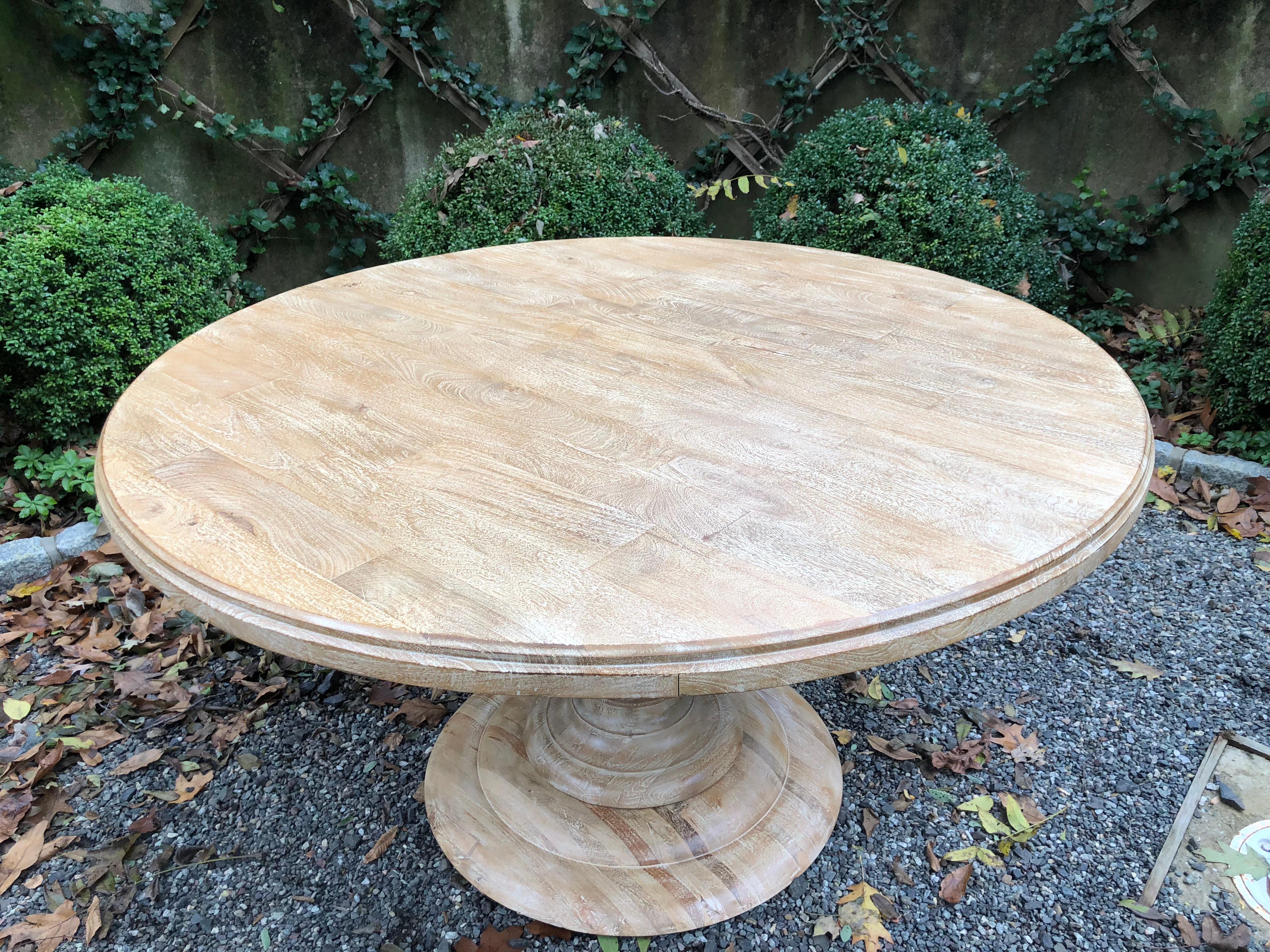 Neoclassical Custom Round Bleached Elm Dining Table with Urn Pedestal Base