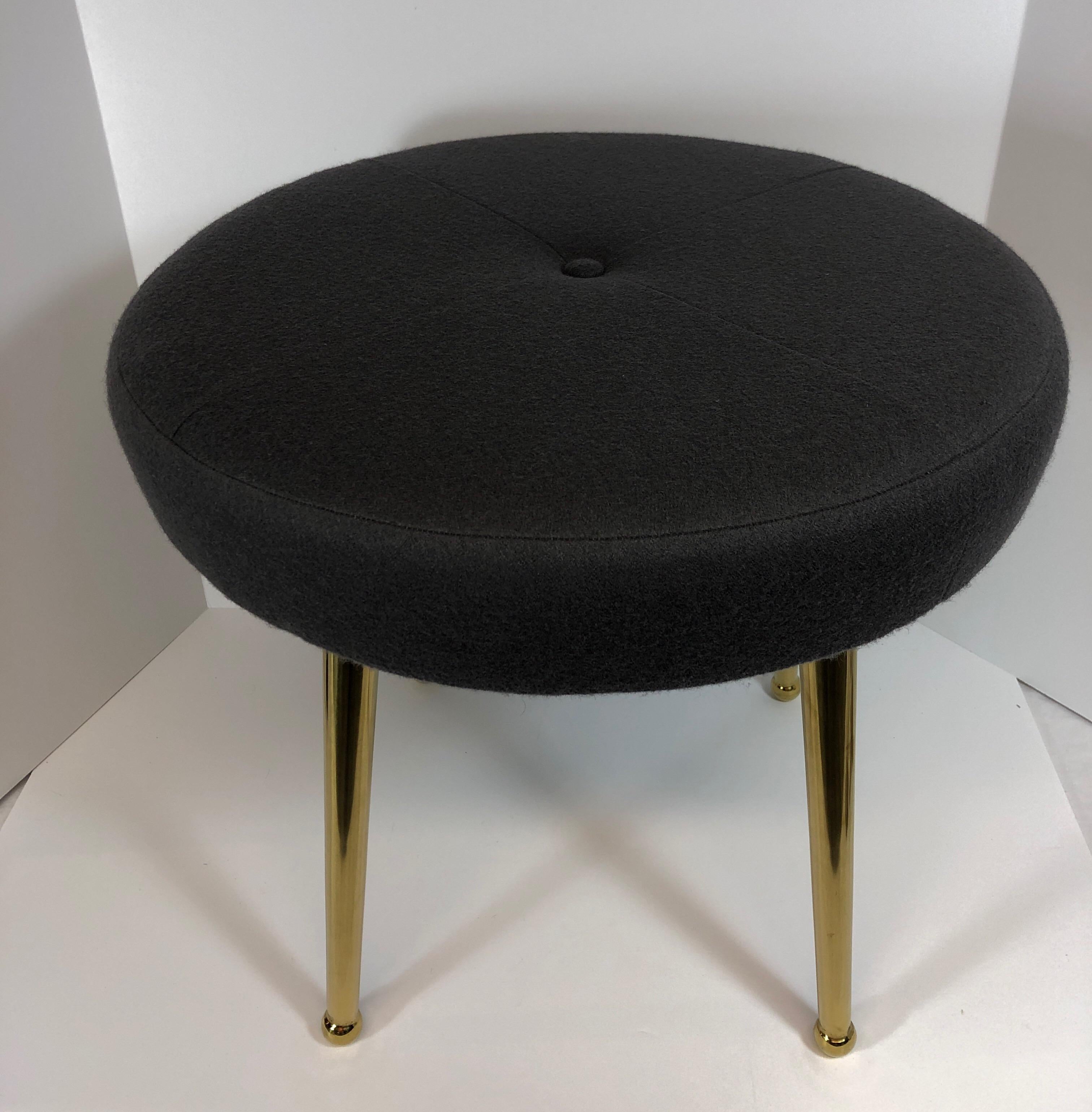 Custom Pointe' leg bench or stool, shown in 18” diameter with brass legs with button and seaming. Available in any size or shape custom made to order COM/COL. Legs can be brass or stainless steel, polished or satin finish. Priced according to spec.