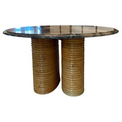 Custom Round Dining Table, Dramatic Marble Top with Vintage Reed Base