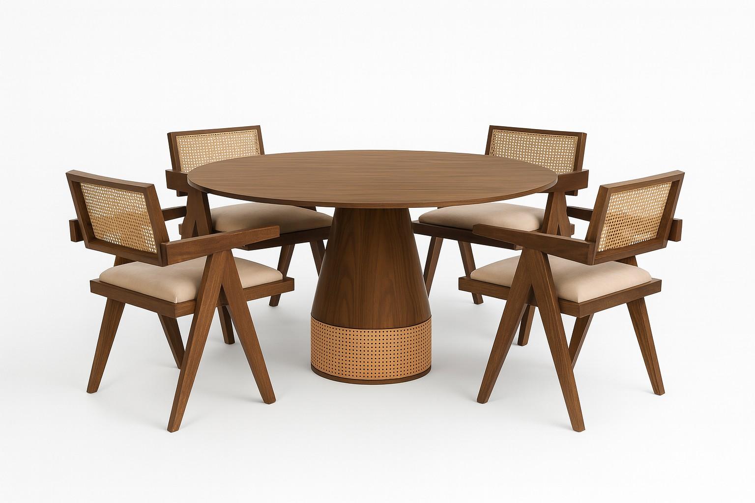 Hand-Crafted Custom Round Dining Table In Natural Walnut With Rattan Detailing For Sale