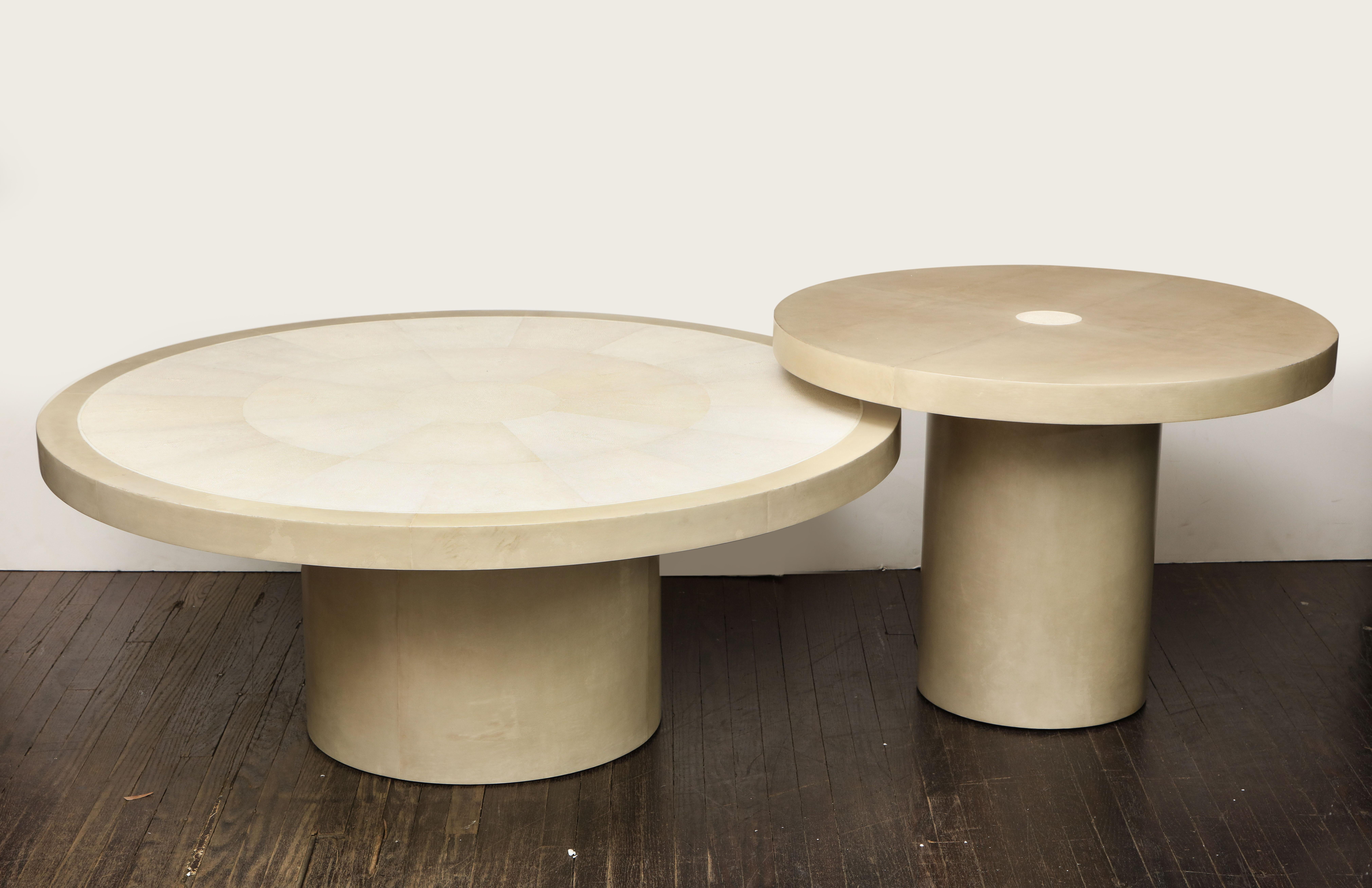 Modern Set of 2 Round Genuine Shagreen and Parchment Tables with Bone Trim For Sale