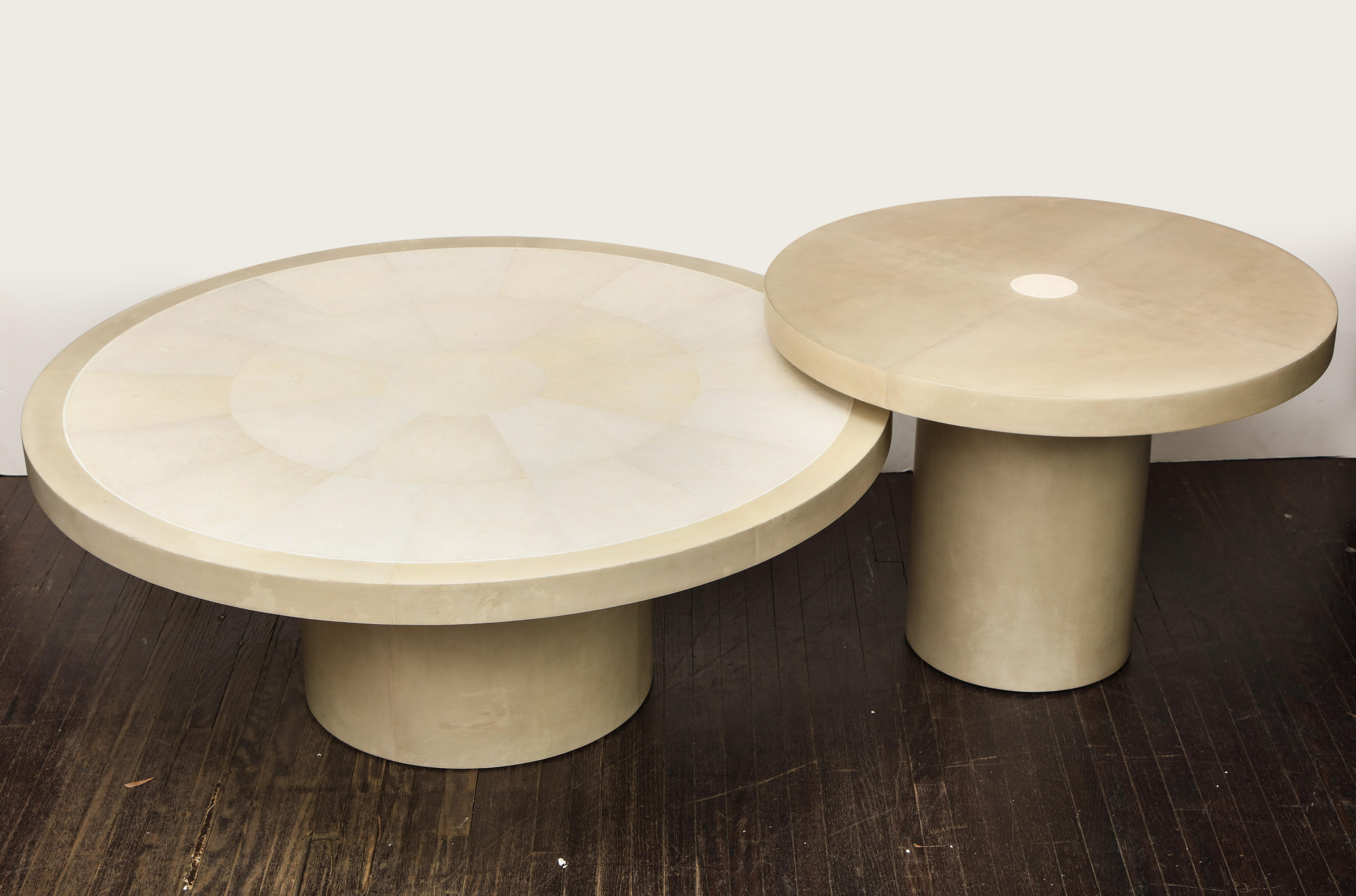Philippine Set of 2 Round Genuine Shagreen and Parchment Tables with Bone Trim For Sale