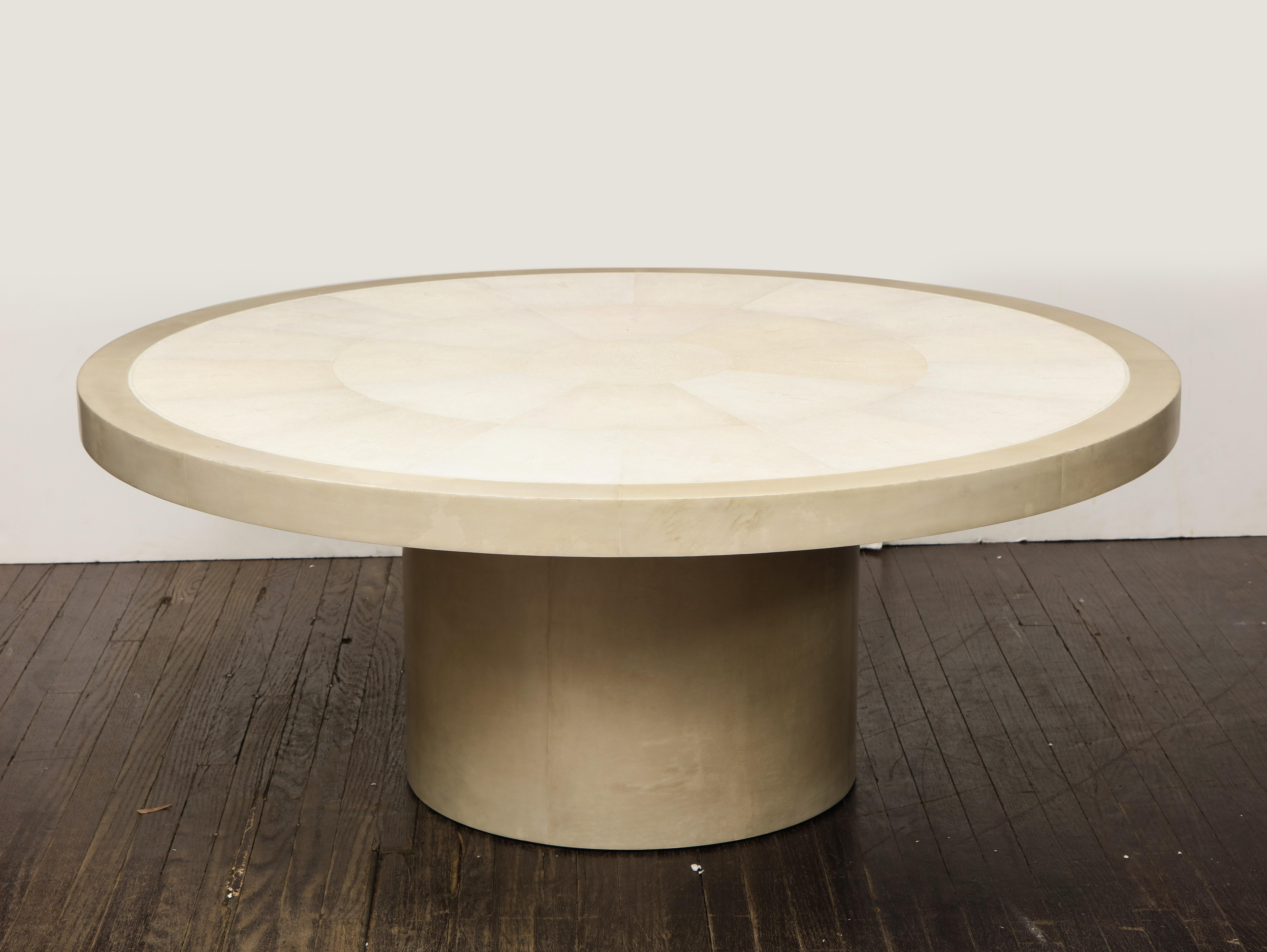 Custom round genuine shagreen table with bone trim and parchment base. Customization is available in different sizes and colors.