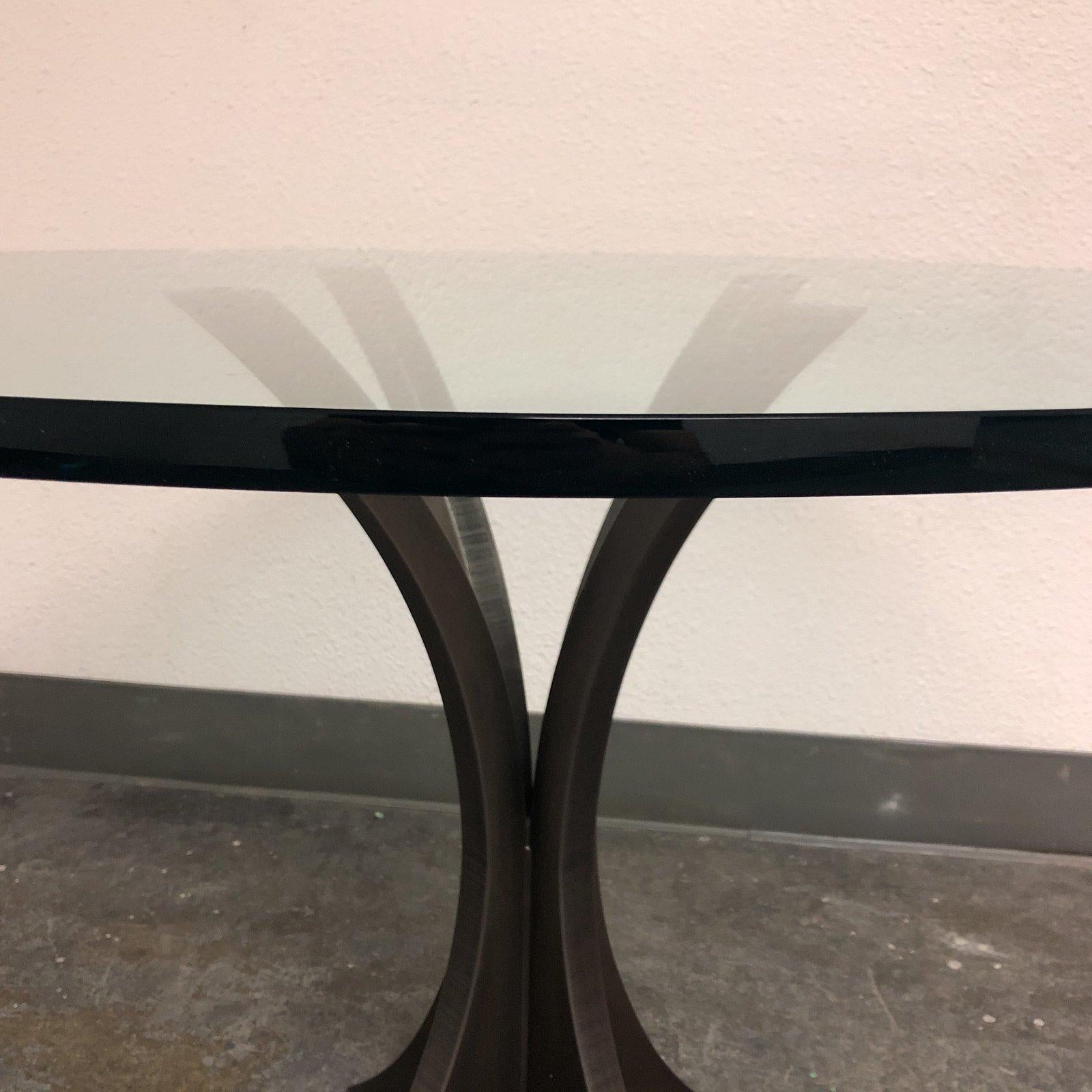 Industrial Custom Round Glass Top and Metal Pedestal Base Table For Sale