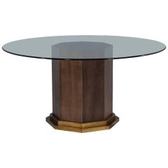 Custom Round Glass Top Table with Solid Walnut Hexagon Pedestal by Carrocel