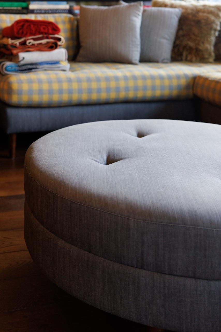 Hand-Crafted Custom Round Ottoman in Grey Denim, from ANDY COHEN'S Personal Collection