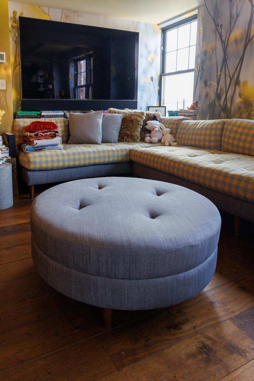 Mid-Century Modern Custom Round Ottoman in Grey Denim, from ANDY COHEN'S Personal Collection