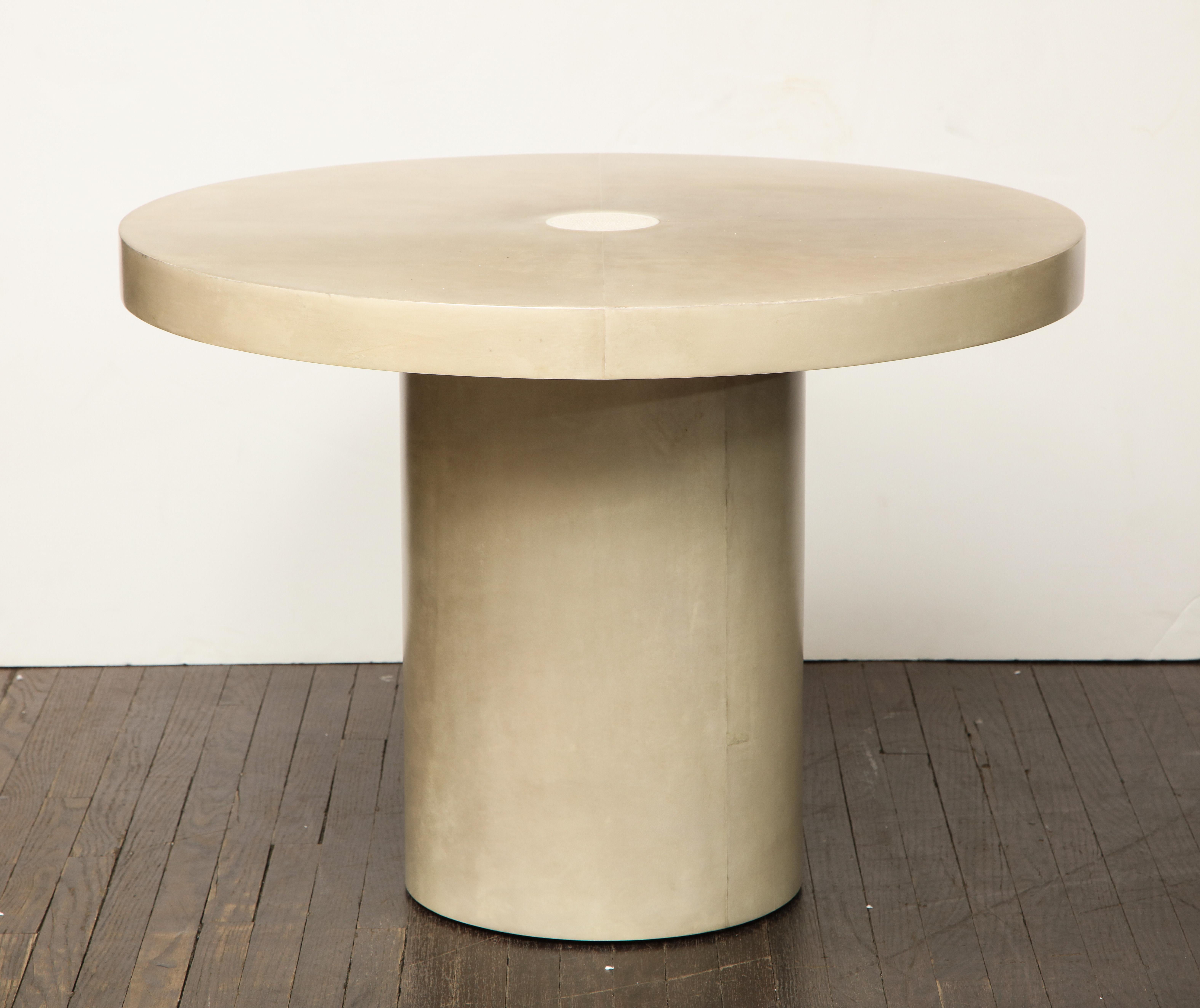 Custom round parchment table with genuine shagreen and bone trim. Customization is available in different sizes and colors.